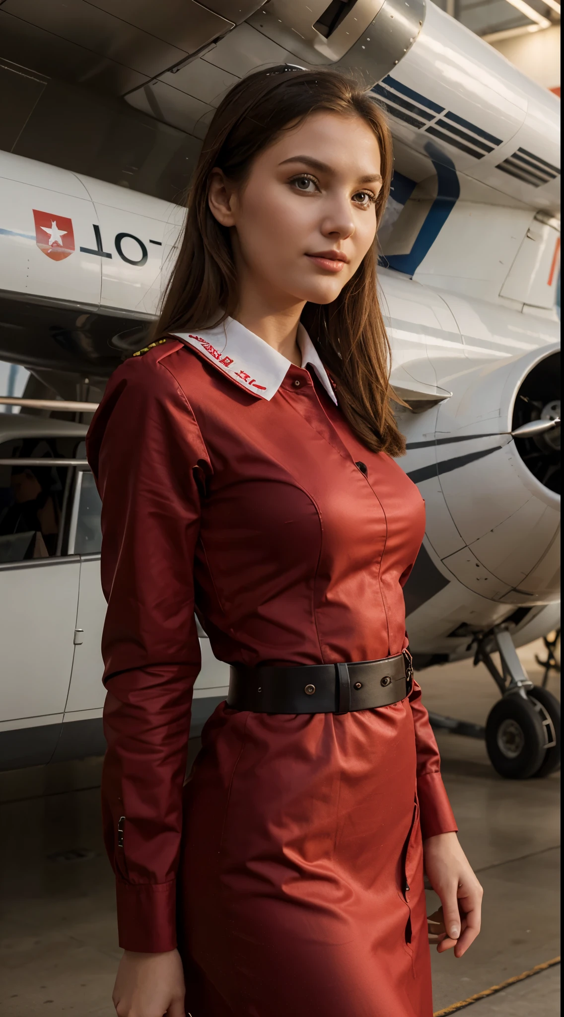 20 years old Russian stewardess red stewardess dress Realistic airplane background