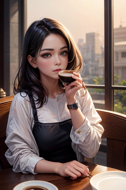 (8k, best quality, masterpiece:1,2), (realistic, photo-realistic:1,37), top quality, masterpiece, a beautiful woman, want to drink coffee, a coffee cup, elegant style. Indonesian women's style, clean white skin, beautiful eyes, medium hair, wears a watch