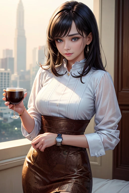 (8k, best quality, masterpiece:1,2), (realistic, photo-realistic:1,37), top quality, masterpiece, a beautiful woman, want to drink coffee, a coffee cup, elegant style. Indonesian women's style, clean white skin, beautiful eyes, medium hair, wears a watch