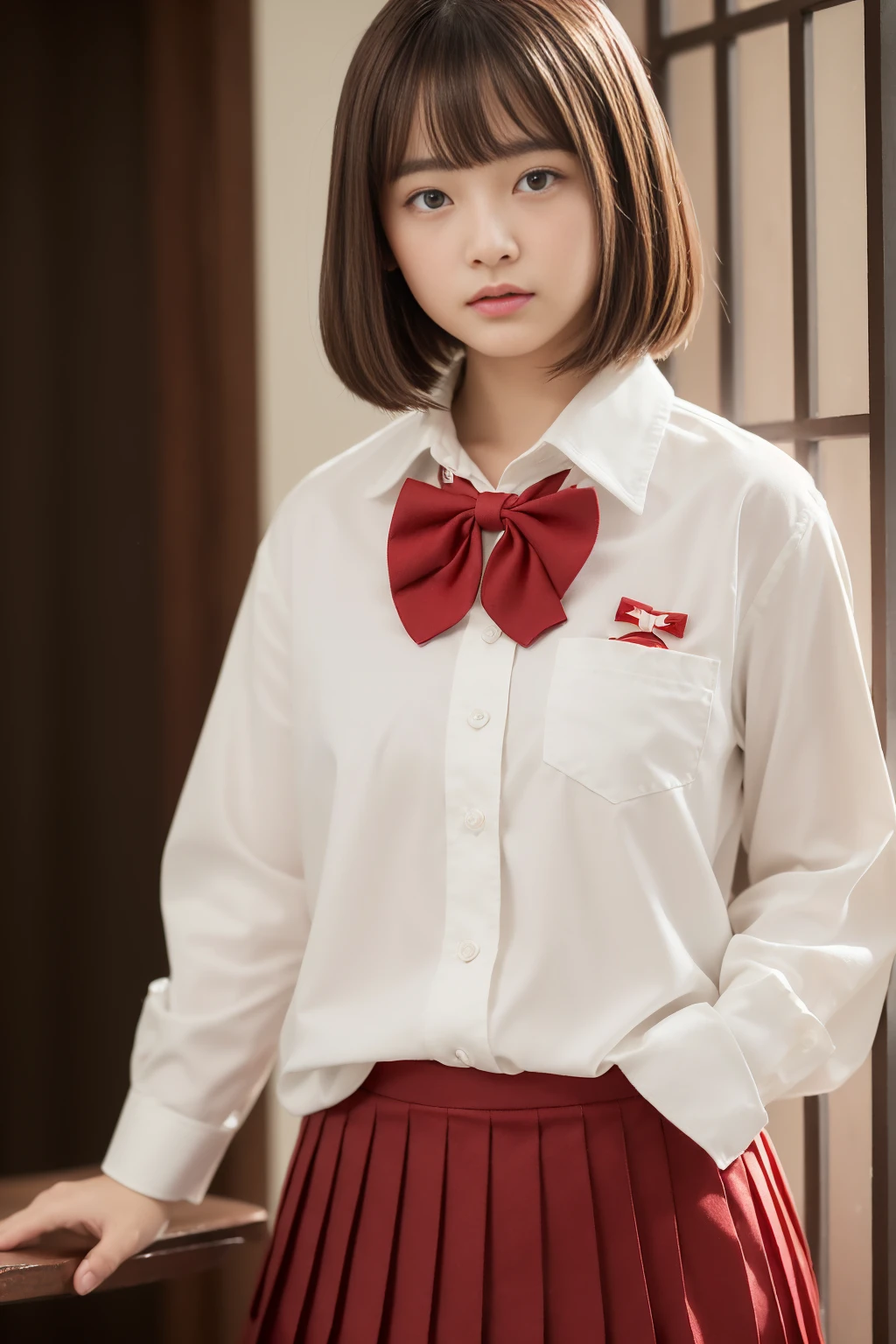 Extremely detailed CG Unity 8K wallpapers、quality、Super detailed、Masterpiece、Studio shot、soft focus、Soft atmosphere、realistic、Photos are real、full-body shot,(plump:1.5)、Very detailed cute girl、solo、18 years old、Japan's melancholy look, brown hair、long bob haircut、
(Uniforms:1.2), (wearing white shirt,:1.3), (red bow tie:1.pleated skirt:1.3), Background school classroom、Out of Focus、