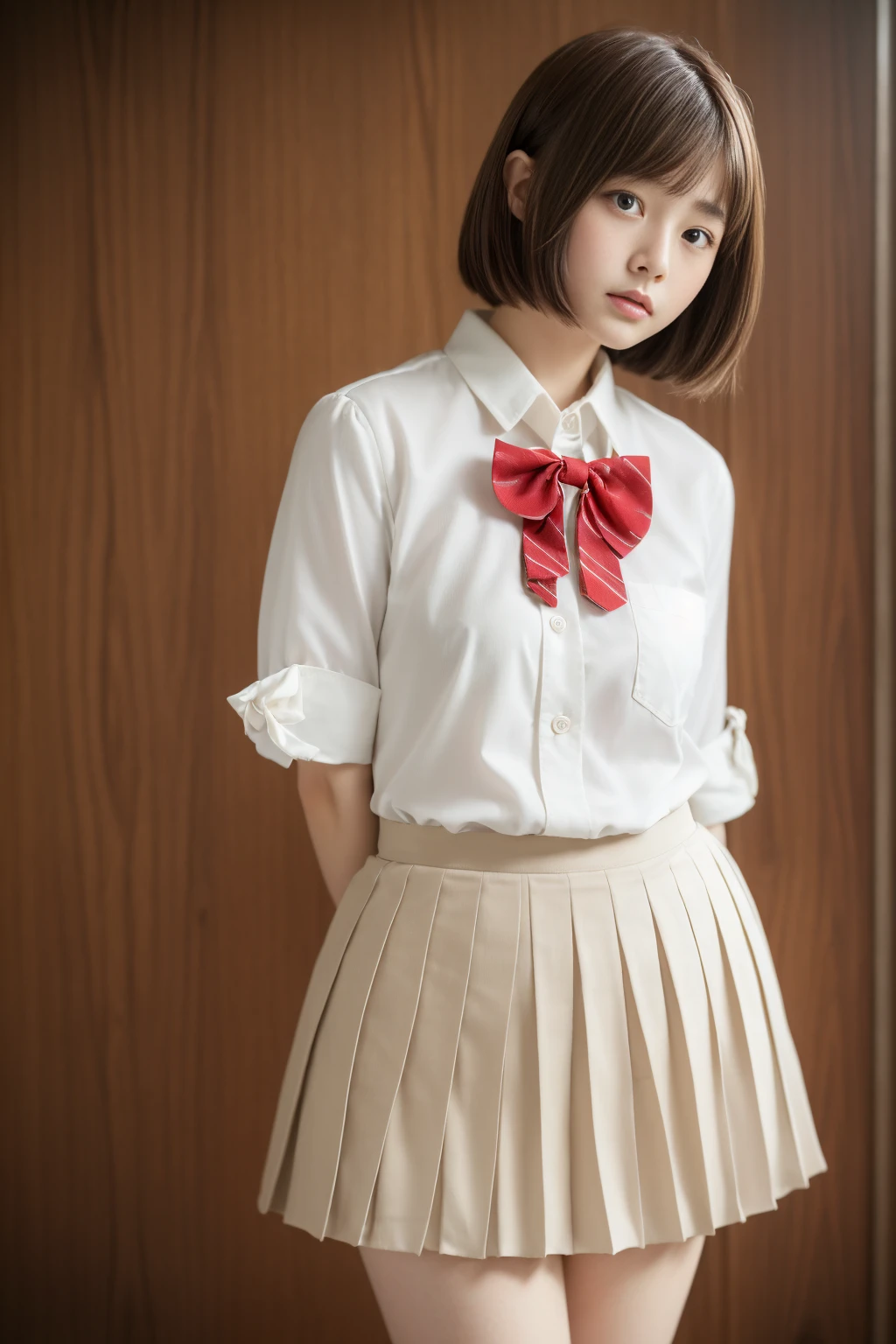Extremely detailed CG Unity 8K wallpapers、quality、Super detailed、​Masterpiece、Studio shot、soft focus、Soft atmosphere、realistic、Photos are real、full-body shot，(plump:1.5)、Very detailed cute girl、solo、18 years old、Japan&#39;s melancholy look, brown hair、long bob haircut、
(Uniforms:1.2), (wearing white shirt,:1.3), (red bow tie:1.pleated skirt:1.3), Background school classroom、Out of Focus、