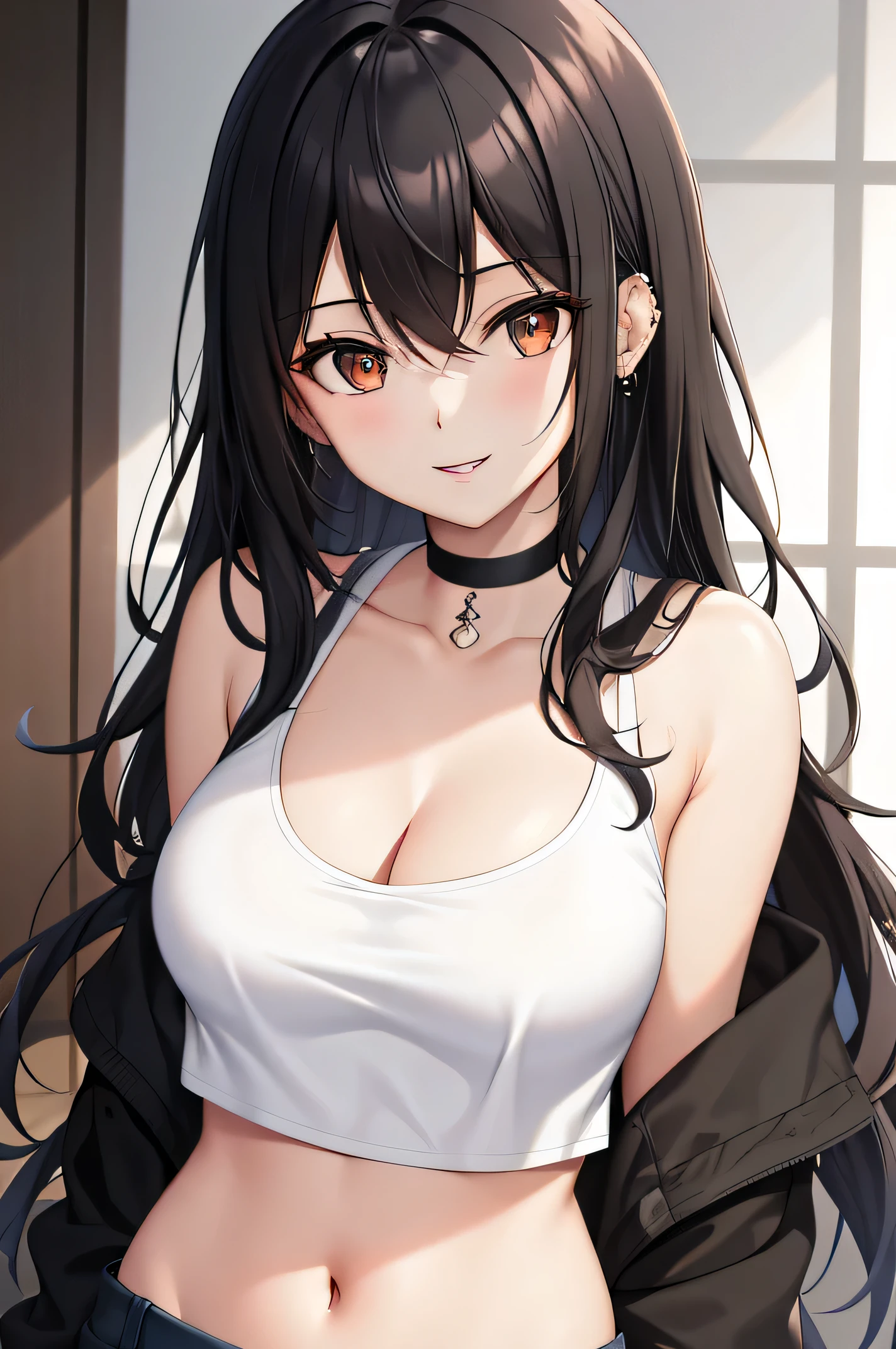 (Best Picture Quality, Masterpiece:1.2), Absurd Absolute Resolution, High Quality, One Woman, BREAK, (Black with Red Longhair:1.1), Brown Eyes, Normal Size Bust, BREAK, One Woman, Bust, Solo, Cleavage, Gaze, Normal Size Bust, Smile, Crop Top, Piercing, Parted Lips, Middle Line gemstone, lips, navel, tank top, white tank top, bare shoulders, sit, bangs, lean forward, collarbone