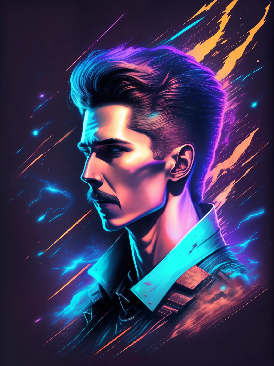 "young face of Nikola Tesla ,carro, ambiente cyberpunk, lightning flashes, design de camiseta estilizado, meio da jornada, arte vetorial vibrante, hydro74"