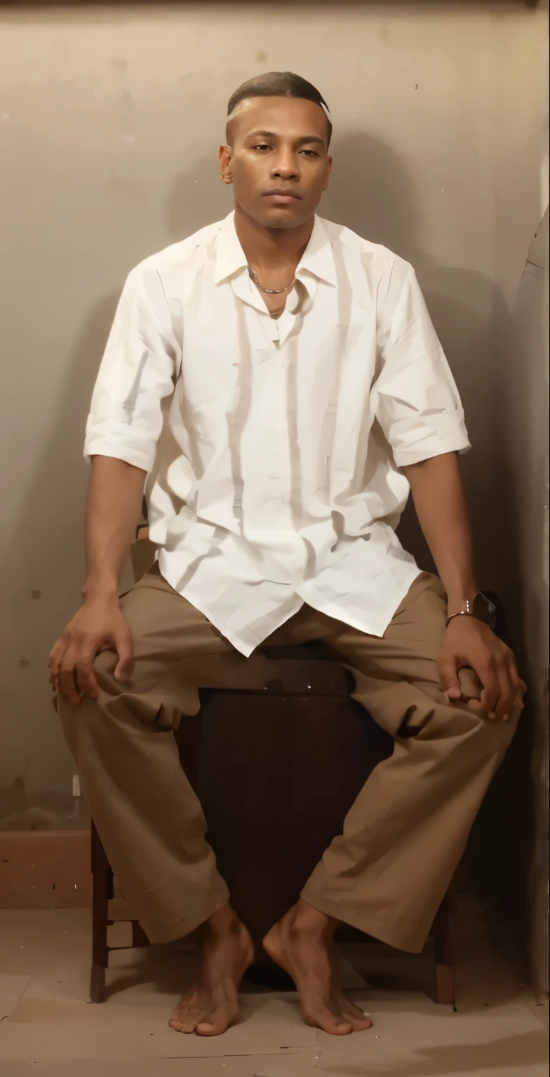 sitting man in loose black and white strip shirt, brown pant, village asthetics, hands kept on knees (prominent fingers), collar bead necklace (not hanging) 