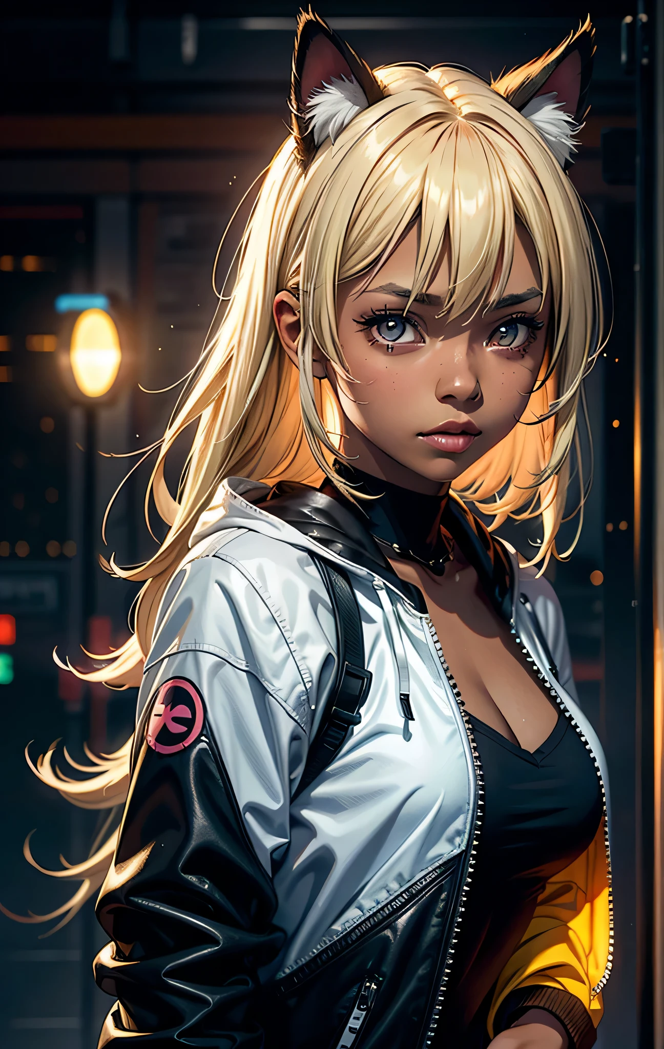 1girl, blond hair,  cat_ears, animal_ears, solo, dark_skin, tan_skin, foggy neon futuristic,  summer jacket, sakura falling, portrait style, looking_at_viewer, cinematic lighting,  eyeliner, makeup, emotional,  highly detailed, wide shot, sharp focus,    ring light, rim lighting, octane render, ring light, rim lighting, nvinkpunk, samdoesarts