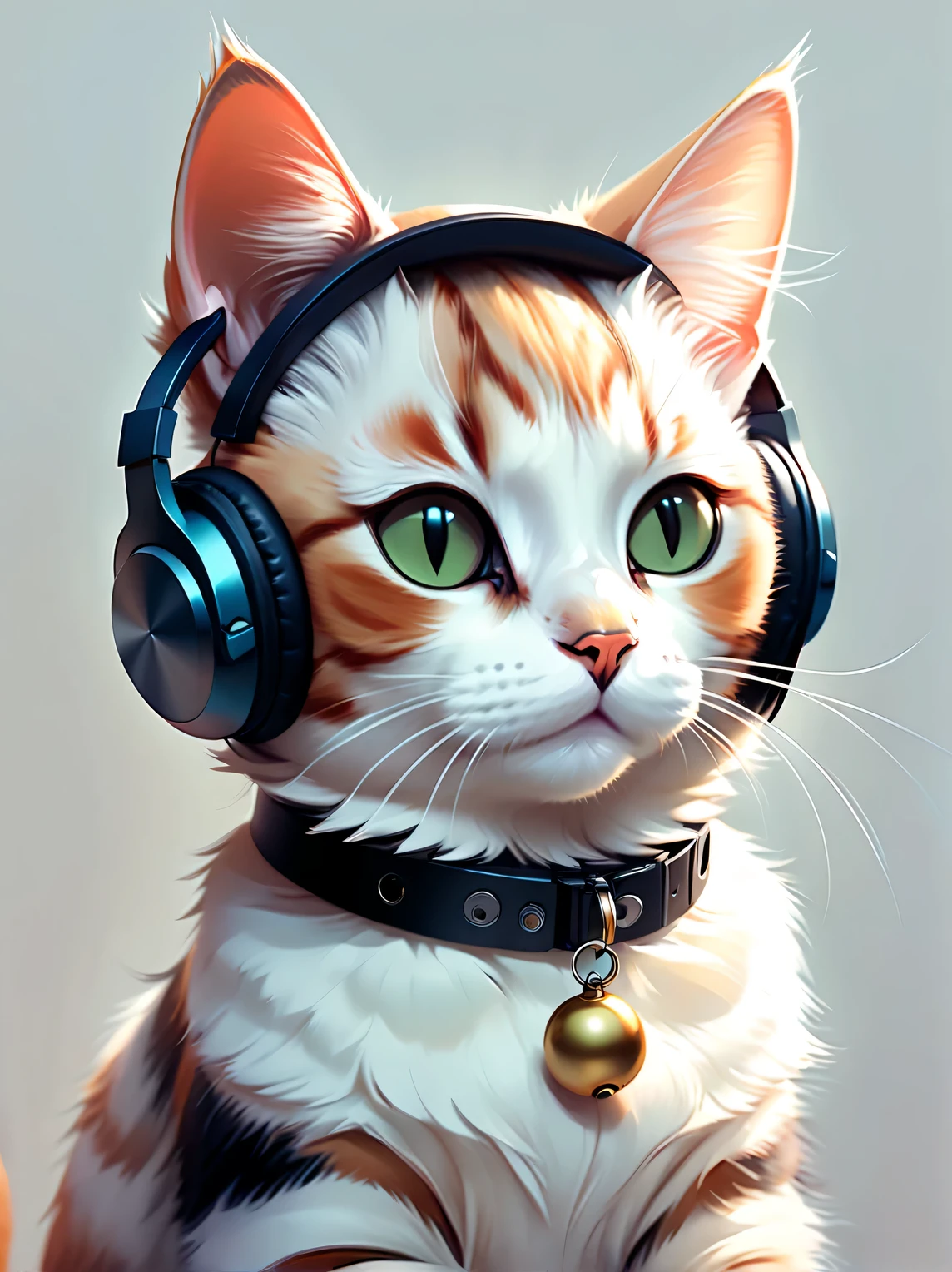 a cute cat with headphones, chunky cat collar with a bell, well composed, detailed, art by artgerm and Lois van baarle and Ilya kuvshinov