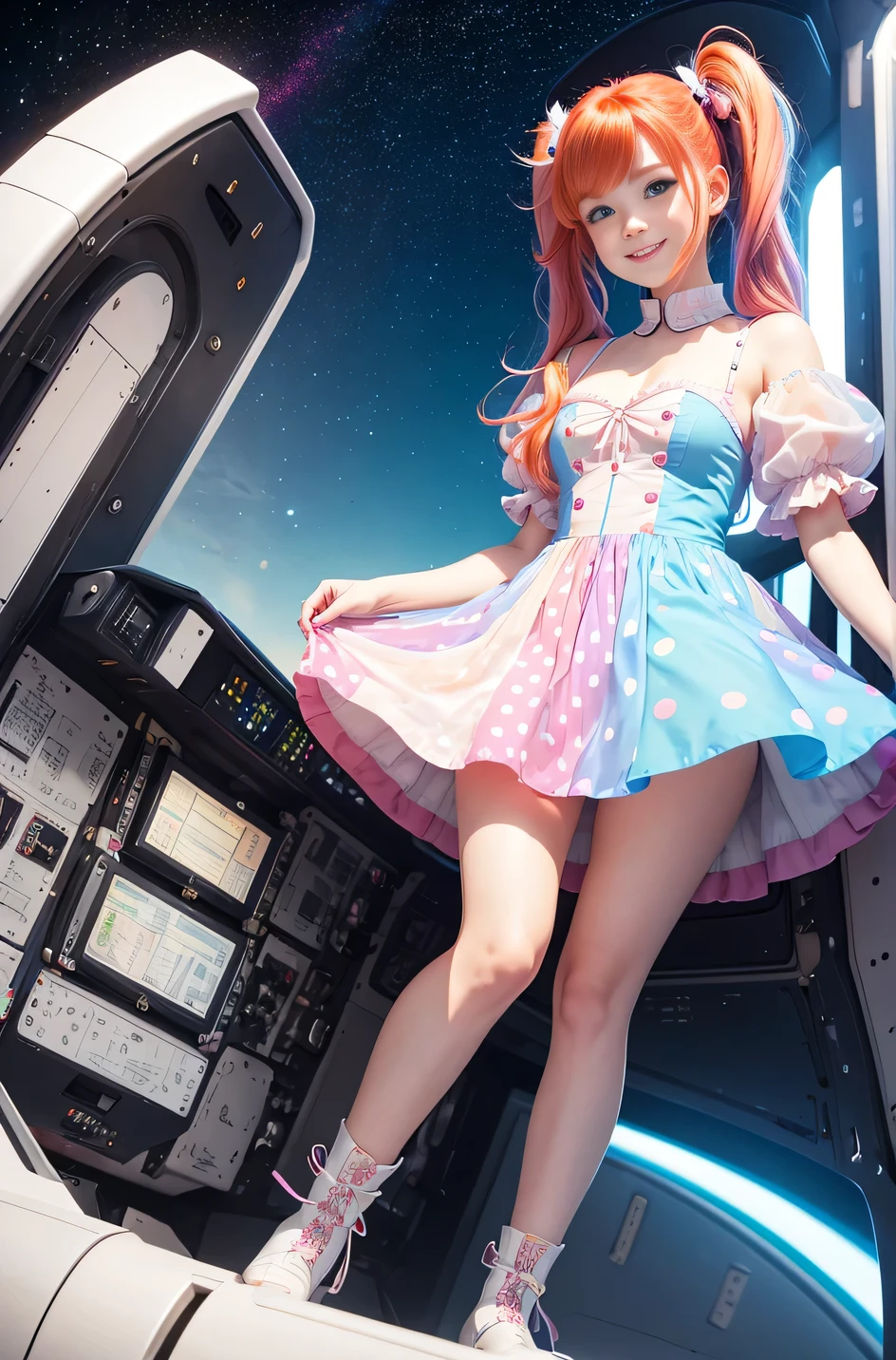 (overhead view) (NSFW) Cute redhead with rainbow colored hair tips, ribbons in her hair, 18-year-old woman, happy, smiling, in twin tails, perfect eyes, clear sparkling blue eyes, very pale skin, silky smooth white skin, flying a fancy metal luxurious space ship, futuristic cockpit, she's a pilot, outer space seen in windows, dark warm lighting, ((naked body: 1.6)), (pastel rainbow colors), (pantyhose, stockings: 1.2).