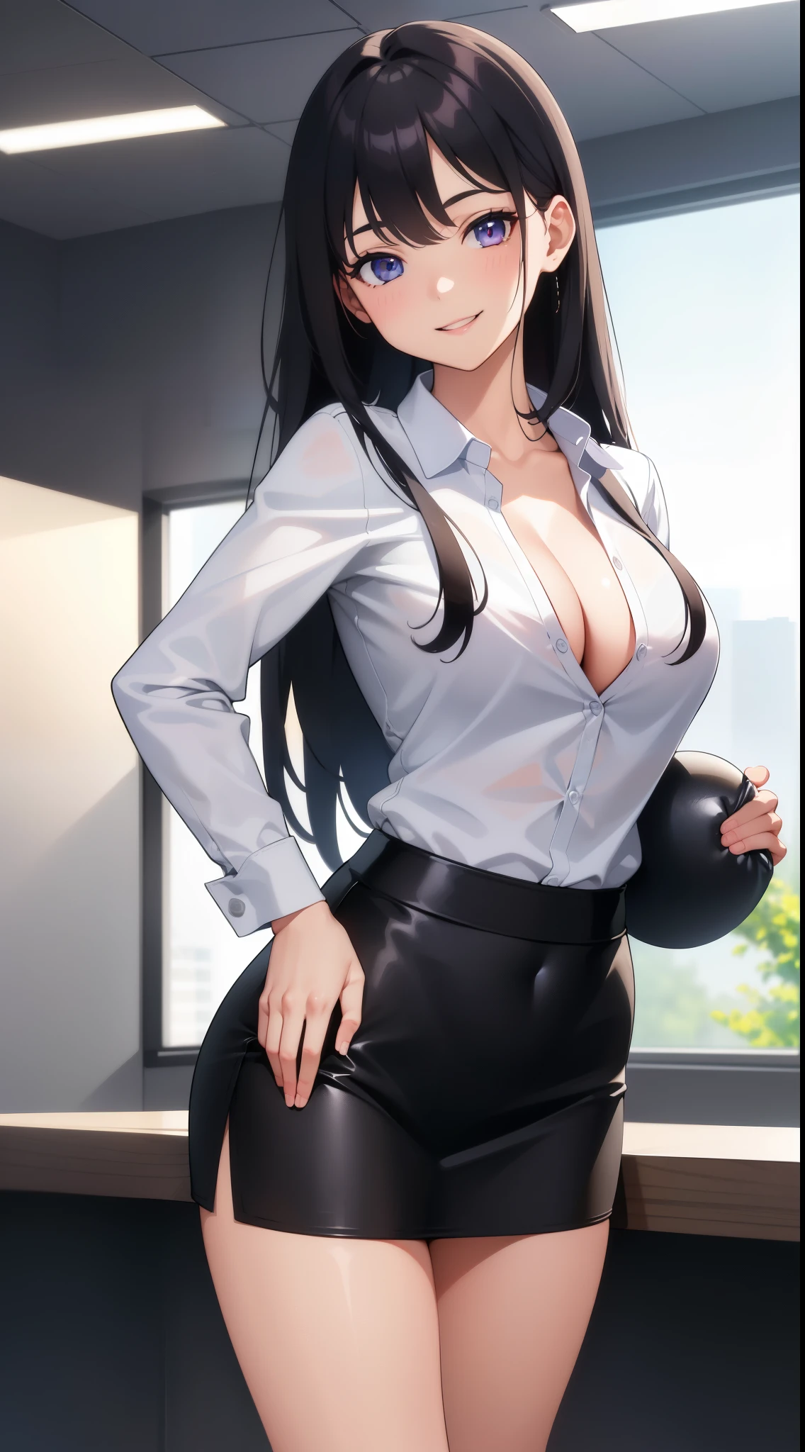 (best quality:1.5, high resolution, ultra high definition, 4K, detailed lighting, straight hair, , split, Unbutton your shirt, tight skirt, even, permanent, (Throw, close shot, lean forward), office background, smiling