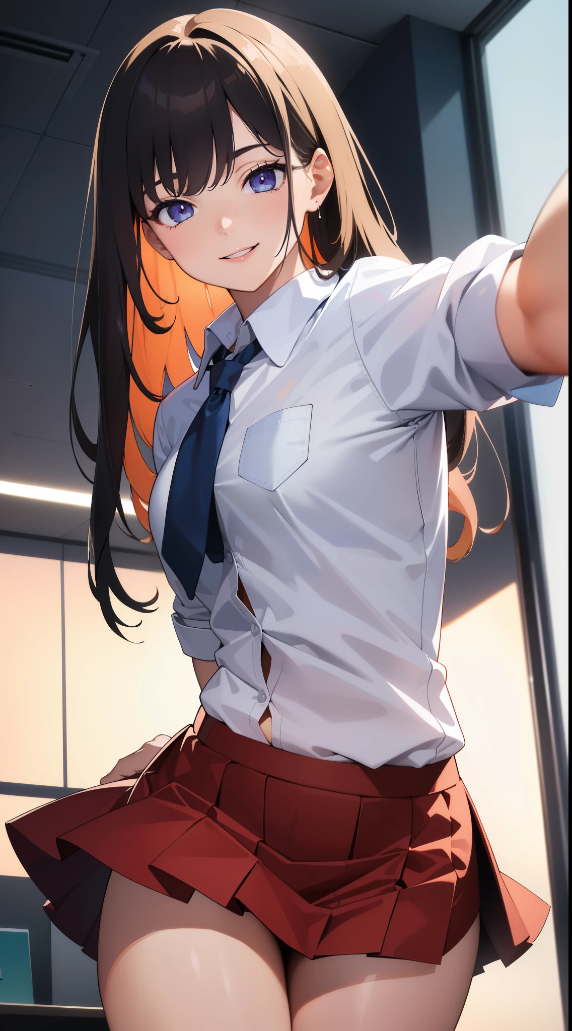 (best quality:1.5, high resolution, ultra high definition, 4K, detailed lighting, straight hair, , split, Unbutton your shirt, tight skirt, even, permanent, (Throw, close shot, lean forward), office background, smiling