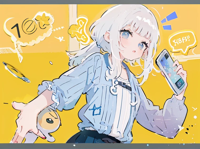 anime girl with white hair holding a cell phone in her hand, girl with white hair, плоская штриховка anime style, grey-haired lady, grey-haired, soft anime illustration, from Shingei, made in an anime artist&#39;s studio, digital anime illustration, digital art on pixiv, anime style, with index finger, perfect grey-haired girl, иллюстрация anime style