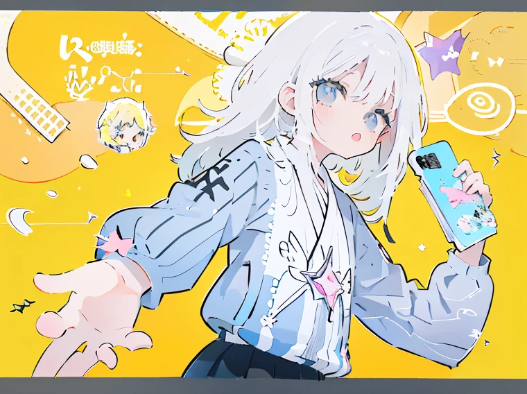 anime girl with white hair holding a cell phone in her hand, girl with white hair, плоская штриховка anime style, grey-haired lady, grey-haired, soft anime illustration, from Shingei, made in an anime artist&#39;s studio, digital anime illustration, digital art on pixiv, anime style, with index finger, perfect grey-haired girl, иллюстрация anime style