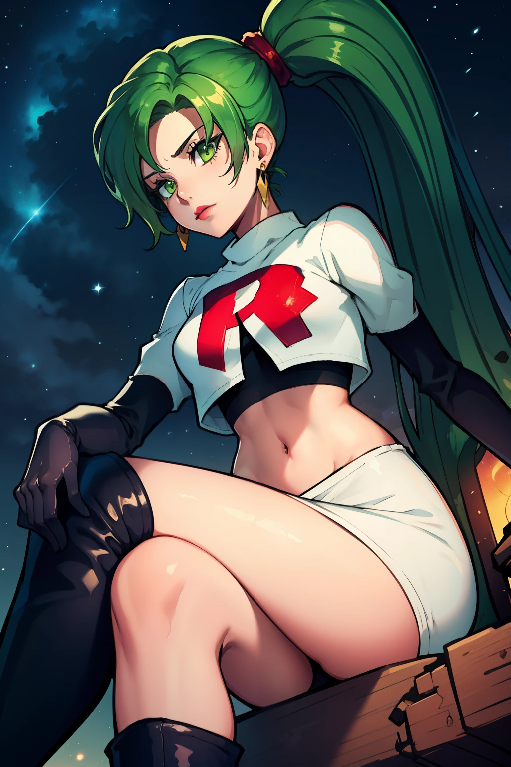 lyn, ponytail, green eyes, green hair,earrings ,lipstick, eye shadow ,team rocket uniform, red letter R, white skirt,white crop top,black thigh-high boots, black elbow gloves, evil villianess look, looking down on viewer, sitting ,crossed legged, night sky background