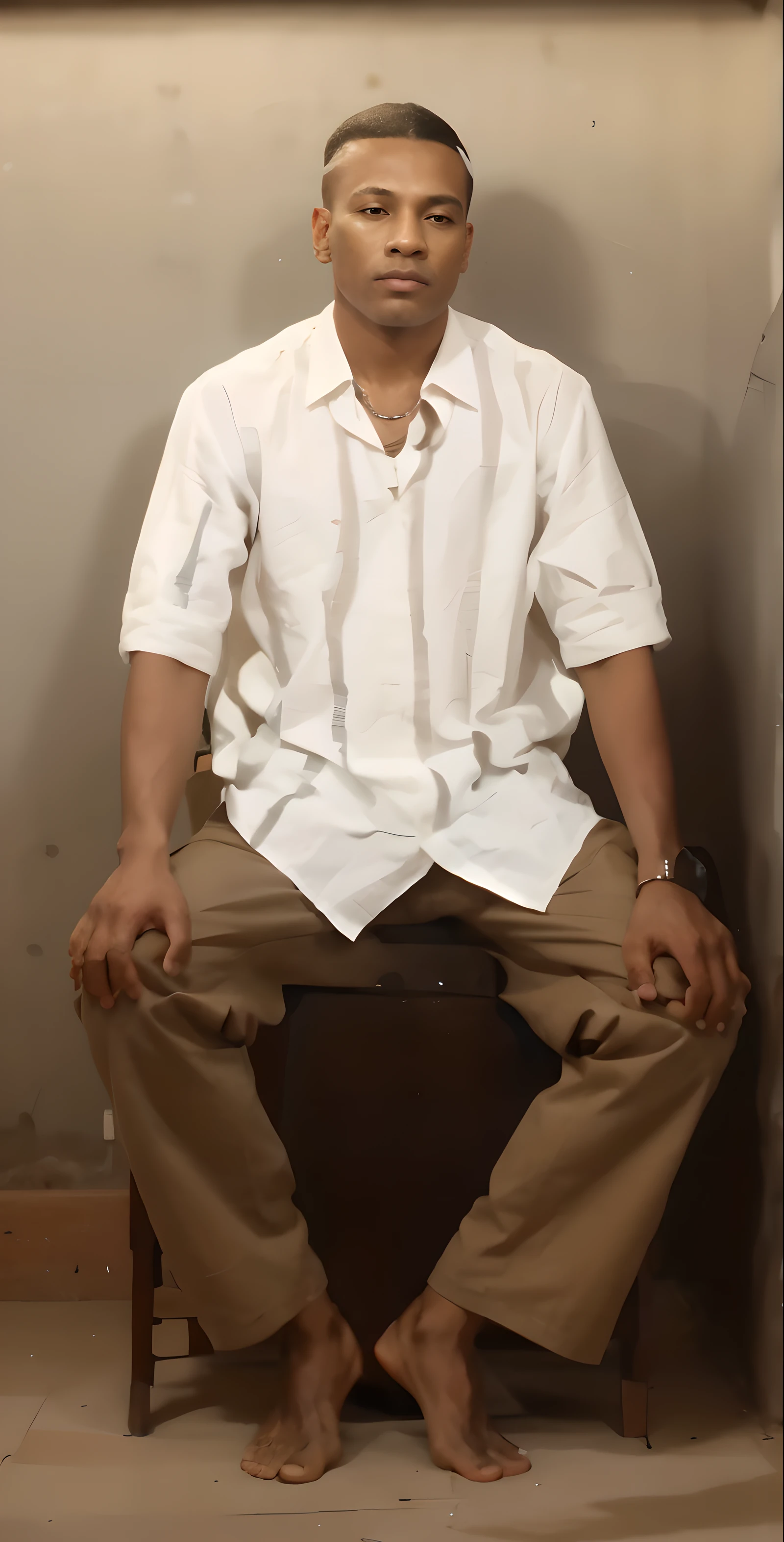 sitting man in loose black and white strip shirt, brown pant, village asthetics, hands kept on knees (prominent fingers), collar bead necklace (not hanging)
