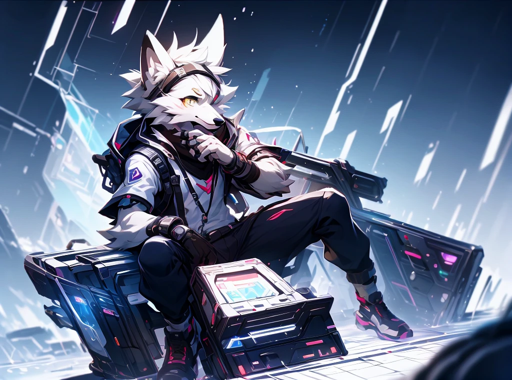 cyber punk perssonage,epcot,Tech style,solo person,White body,White ears,White hair,Overall white,Orange-yellow eyes,Wolf tail,Wolf orcs,Young,Wear a short-sleeved shirt,Ultra-clear screen,Soft lines