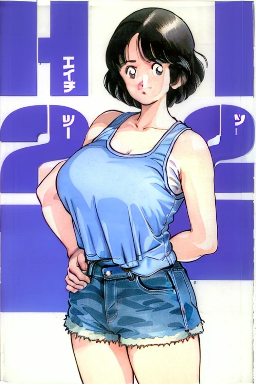 1girl, haruka, black hair, short hair, bangs, looking at viewer, huge breast, tank top, denim shorts,, (best quality, masterpiece:1.3)