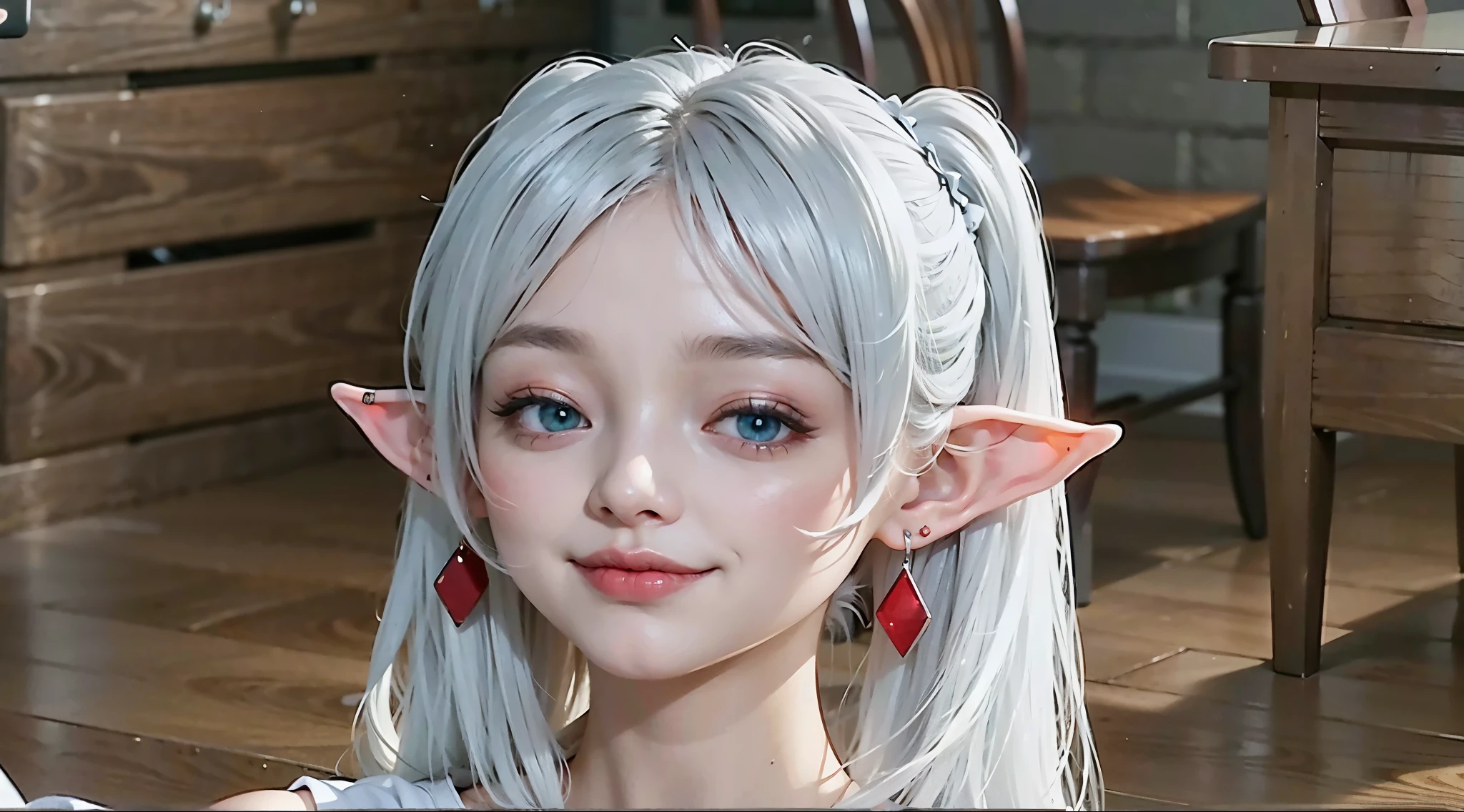 red earrings:1.2、(narrow eyes:1.2、Smirk:1.2),25 years old、adult woman:1.1、green eyes:1.2、white clothes、high elf:1.2、elf ears、silver hair:1.2、twin tails、detailed hair、movie writing、(best quality, 8K, 32K, muste piece, ticker:1.2)