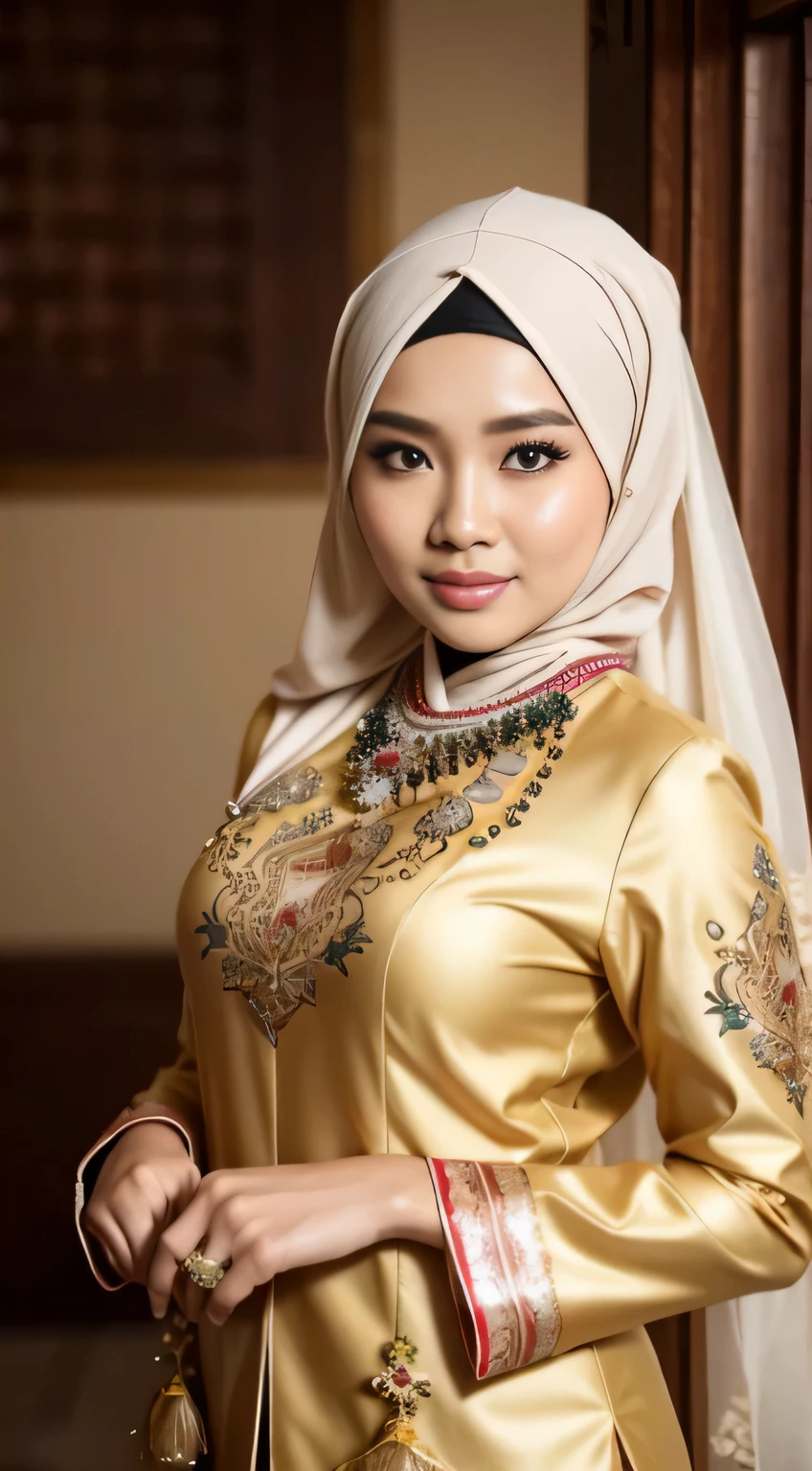 cowboy_pose,naughty, (iu:0.8), RAW, Best quality, high resolution, Masterpiece: 1.3, Red Batik Kebaya Wedding Javanese Kebaya Sexy Hijabi Pearl Skin Beautiful Malay, Masterpiece, Soft Smile, Big Brest. Selfie photo facing the camera