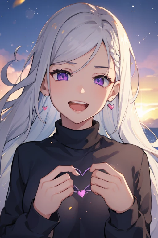 a girl, cosy sweater on, upper body, (smile), (open mouth:1.1), (wide open eyes:1.2), sun glare, bokeh, depth of field, blurry background, light particles, strong wind, (heart particles:1.1),(white hair), side_braid long wavy hair, blue earrings, black shirt turtle neck, violet eyes
