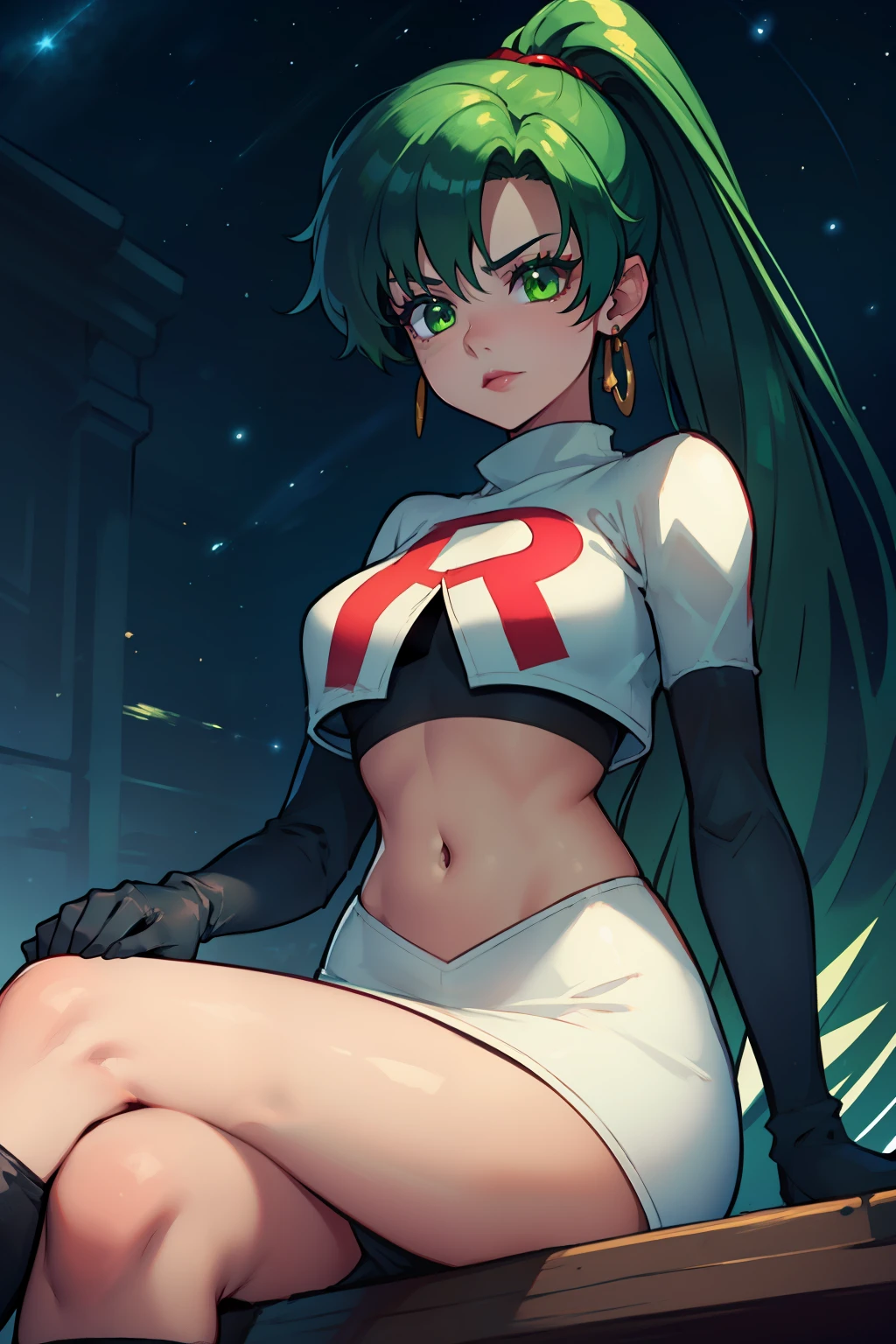 lyn, ponytail, green eyes, green hair,earrings ,lipstick, eye shadow ,team rocket uniform, red letter R, white skirt,white crop top,black thigh-high boots, black elbow gloves, evil villianess look, looking down on viewer, sitting ,crossed legged, night sky background