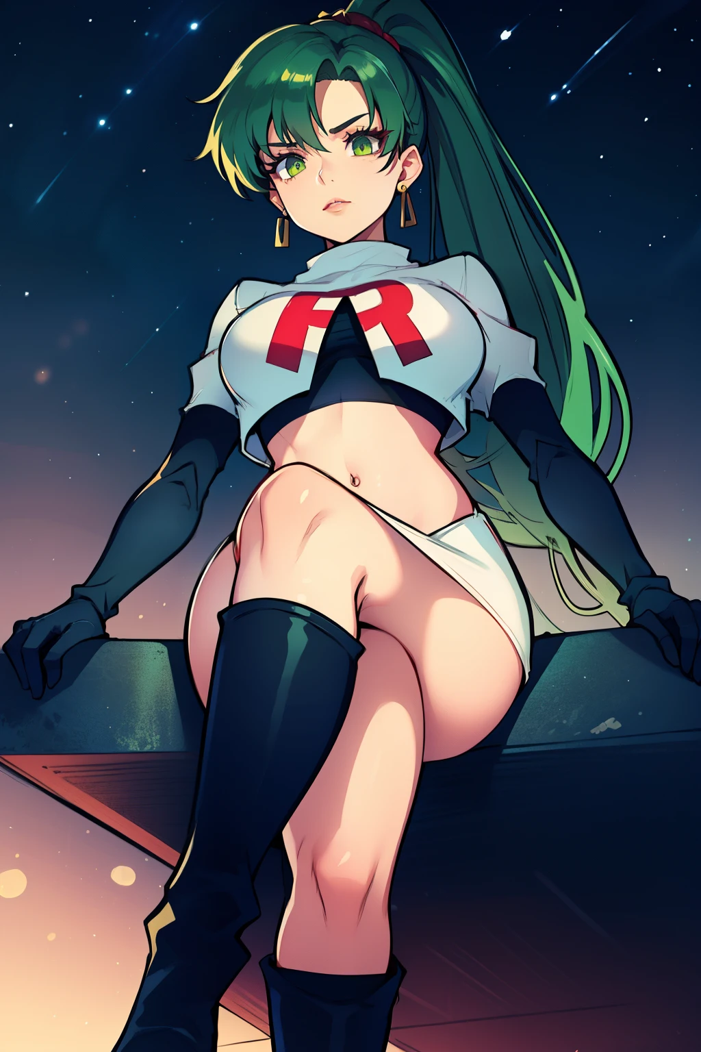 lyn, ponytail, green eyes, green hair,earrings ,lipstick, eye shadow ,team rocket uniform, red letter R, white skirt,white crop top,black thigh-high boots, black elbow gloves, evil villianess look, looking down on viewer, sitting ,crossed legged, night sky background