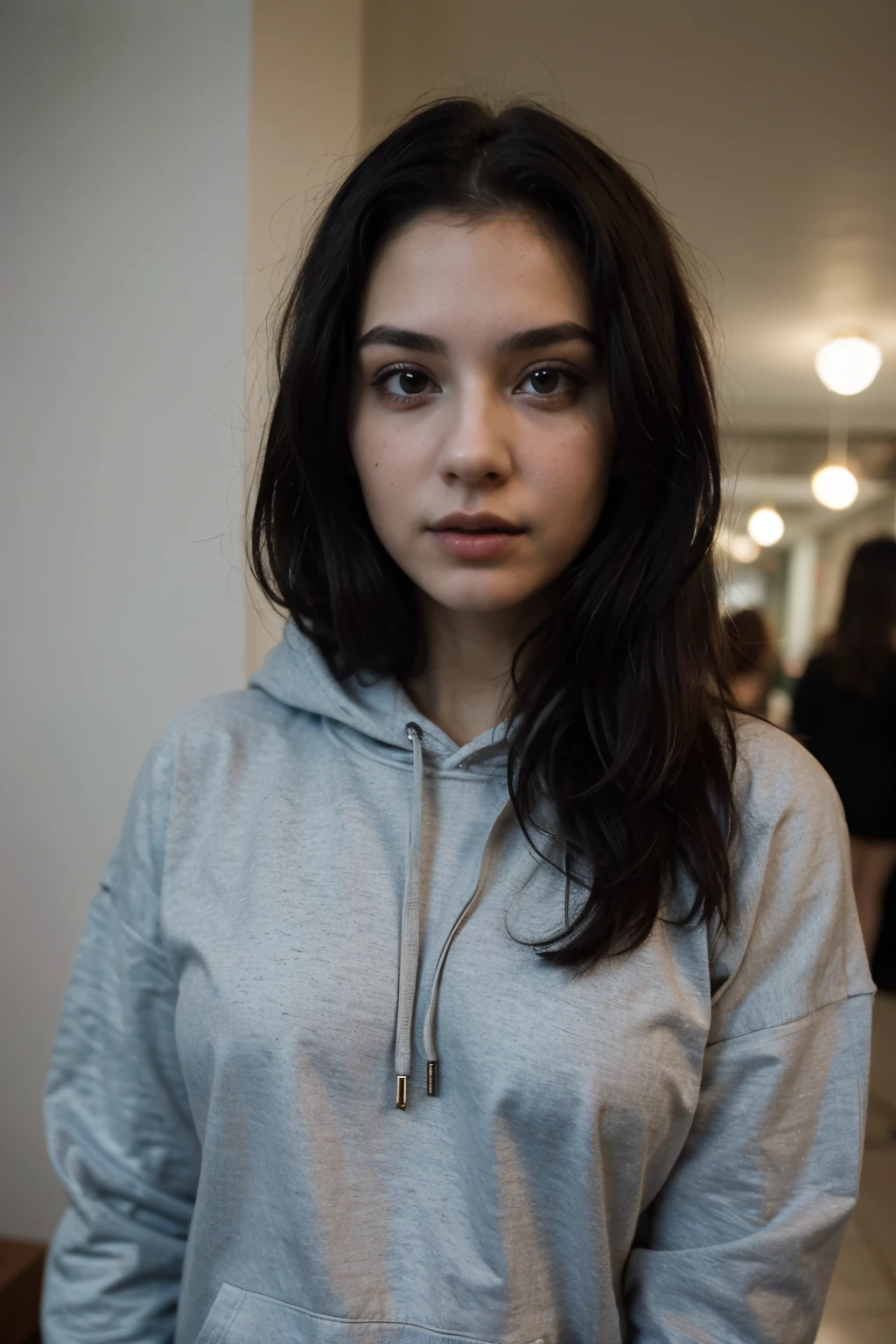 ((best quality)), ((masterpiece)), (detailed), perfect face, goth 18 year old women with Black hair wearing hoodie 