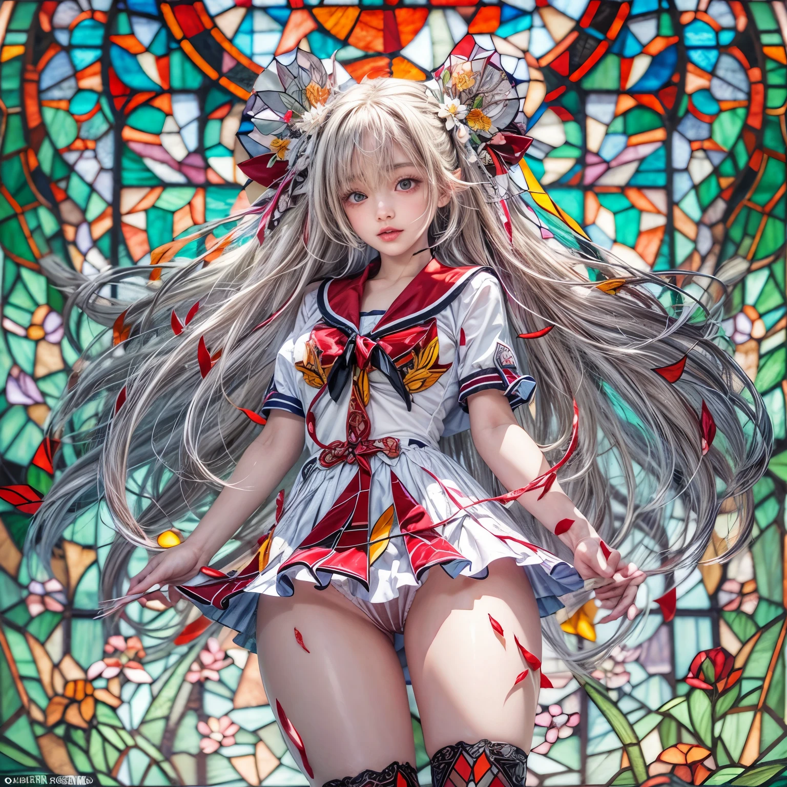 White and Red, Masterpiece, (physically-based rendering with ultra-detailed, (realistic and (photorealistic:1.37) with touch of rawness), Acutance:0.8) . A group of KAWAII girls in Cut-off sailor uniform with Underboob . (((extremely detailed KAWAII face variations)) with joyful expressions), { Navel | pretty Ass | (Overflowing underboob) | White panties with (blood seeping only in crotch area) | (full of Flowers covering girl's body) | ((Dazzling colorful stained glass with stunning elaborate details:1.2)) | A Dazzling Halo Floating above girl's head } . (Exposed:1.2), ((nipple:-0.9)), (not Detailed fingers:-0.9) .