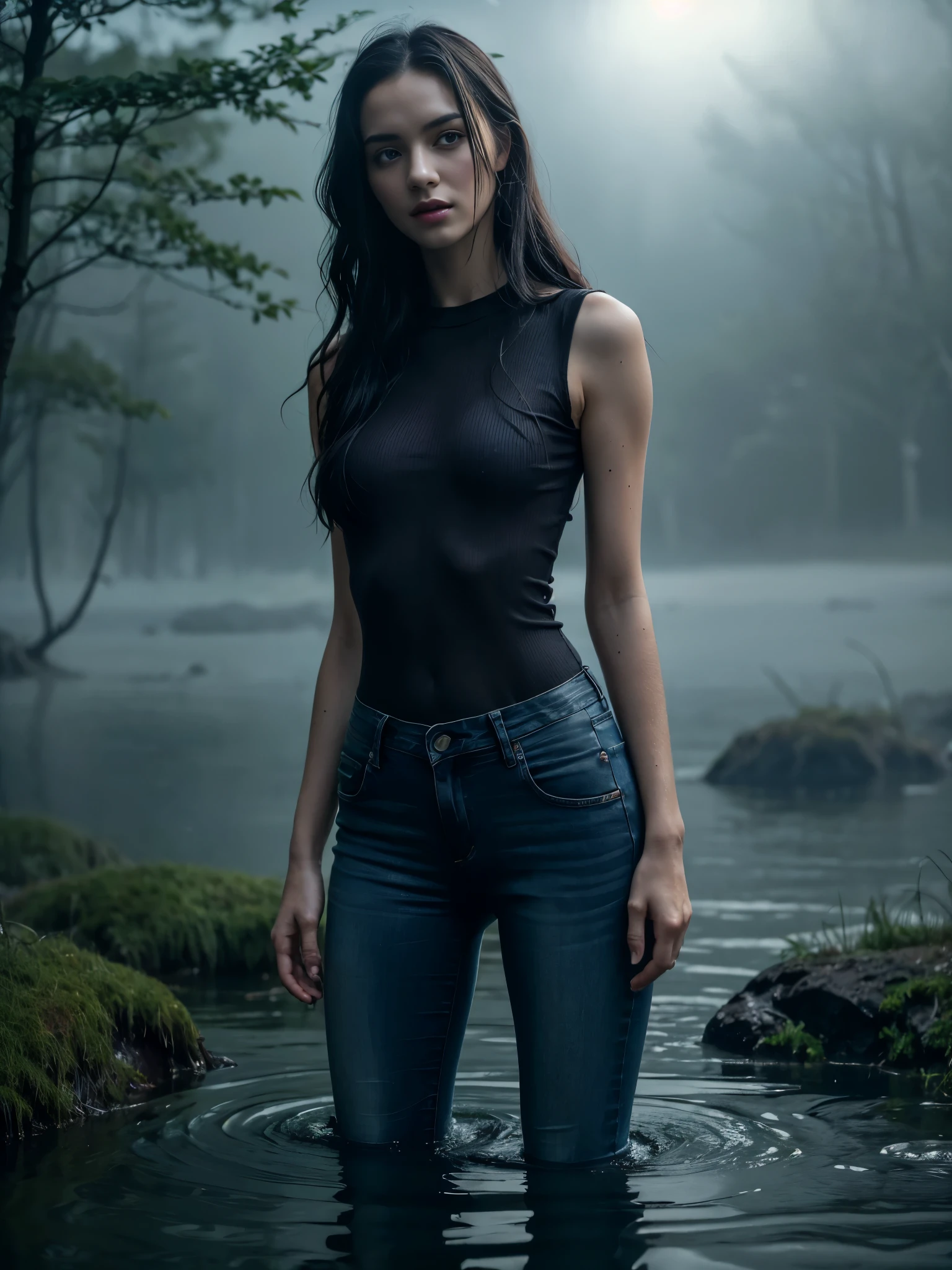 A  hot girl, drown in a swamp in a chest,illustartion, (Best Quality,4k,8K,hight resolution,Masterpiece:1.2),Ultra-detailed,(Realistic,photoRealistic,photo-Realistic:1.37),Horror,dark and gloomy atmosphere with dramatic lighting, Vivid colors, Foggy surroundings, the trees, covered with moss, detailed facial expression, long wavy hair floats in the water, Reflections on the surface of the water, Eerie fog. Jeans