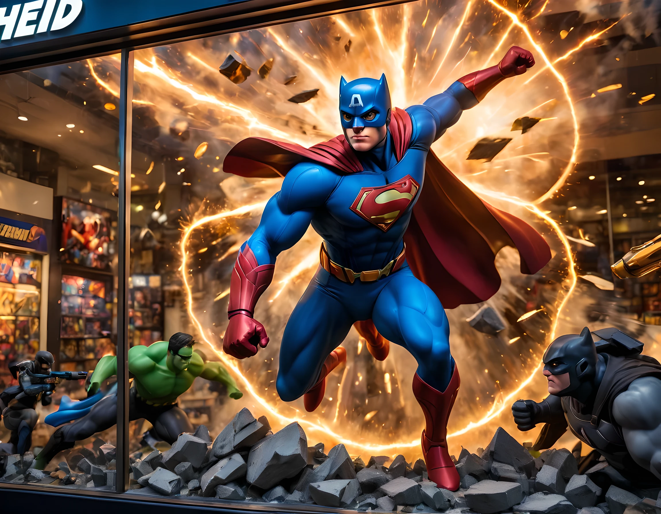 Photography of an astonishing game store window display, featuring a dynamic and action-packed world inspired by superhero comics. The display showcases larger-than-life statues of iconic superheroes, in mid-battle poses, surrounded by explosions and debris. Elaborate props and cinematic lighting create a sense of drama and excitement. The lighting dynamic, with spotlights and strobe lights adding to the intensity of the scene. This close-up shot captures the energy and power of the display, immersing viewers in a world of gaming superheroics. The photograph, with its dynamic composition and vibrant colors, transports viewers to the heart of the action,UHD,masterpiece ,8k