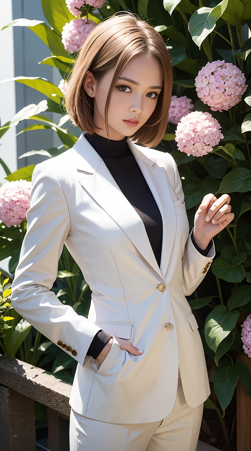 fashion magazine，ultrarealism oil painting，（Pure white parrot），white business suit，DEEP-V COLLAR，（Short-haired neutral woman），Pink big breasts，Plant cover background，The style of artist Bruce Zheng，shinny hair，cowboy lens，art-deco，Verism，blooms，Award-Awarded，retinas
