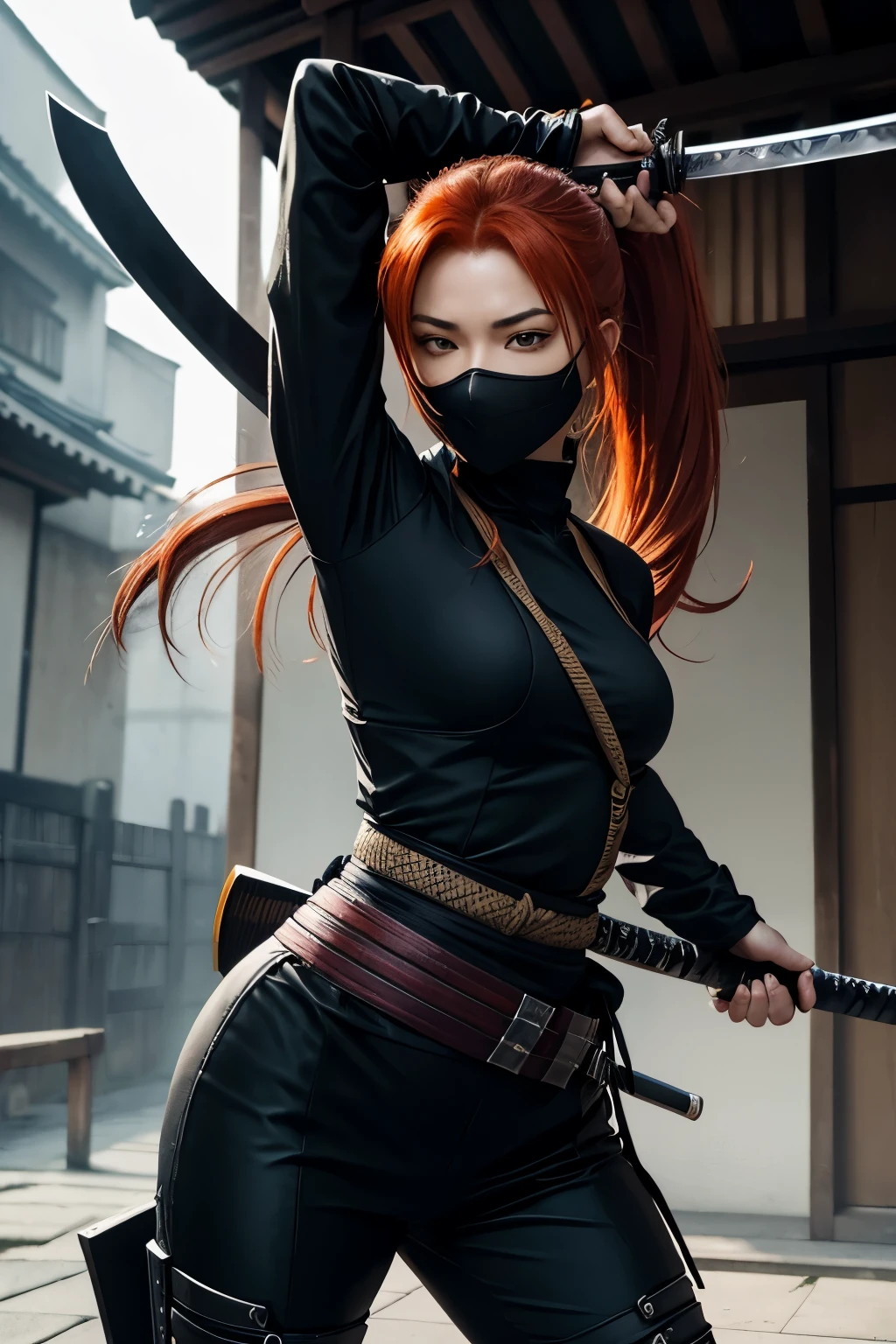 mulher arafed em roupa preta segurando uma espada e uma faca, goth ninja, dramatic wielding katana pose, Anime , Roupa ninja, um assassino adolescente ousado, segurando uma katana preta, wearing japanese techwear, she holding a katana sword, Anime Garota , have ginger hair inspired by Kanō Hōgai, samurai urbano