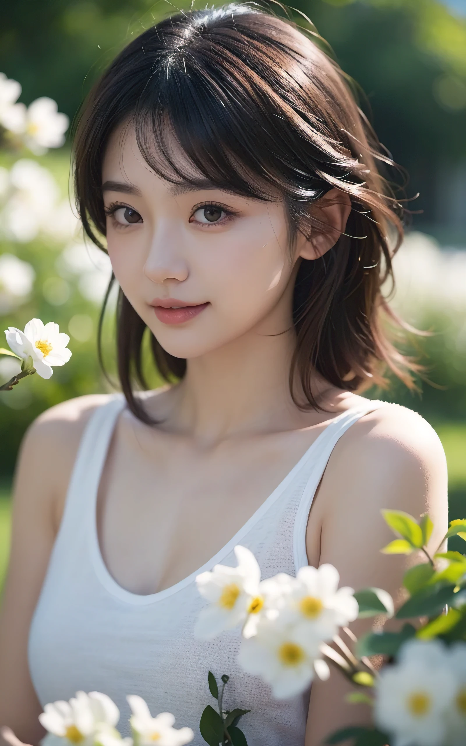 Upper body、avert your eyes、young beautiful japanese woman, gentle features、super cute face、glossy lips、double eyelids in both eyes、natural makeup, smile, long eyelashes are bright, Short bob hair tweeny smooth light brown hair、hair swaying in the wind, asymmetrical bangs、center image、8K、high detail、detailed hairstyle、detailed face、great movie lighting、octane rendering、vibrant、Super realistic、perfect limbs、perfect anatomy, spring flower hill