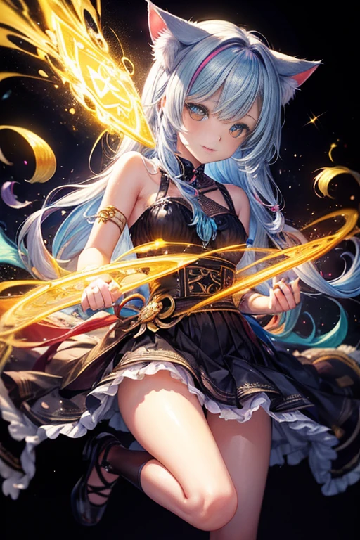a painting of a colorful kitten on a black background,, breathtaking rendering, within a radiant connection, inspired by Kinuko Y. Craft,, magical elements, kitten icon, wow, is beautiful, casting a multi colorful spell, bright flash, flash