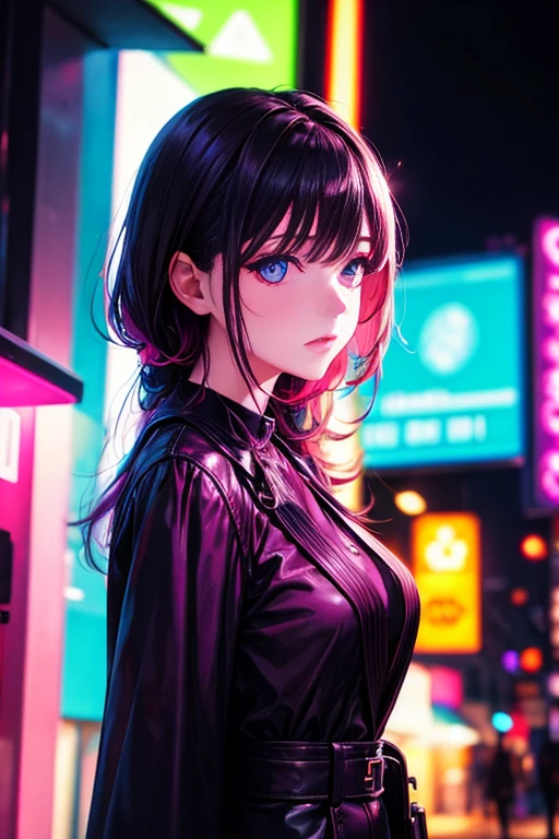 fashion portrait color photograph, woman, neon lights