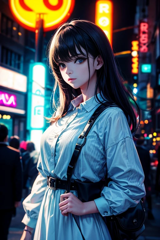 fashion portrait color photograph, woman, neon lights