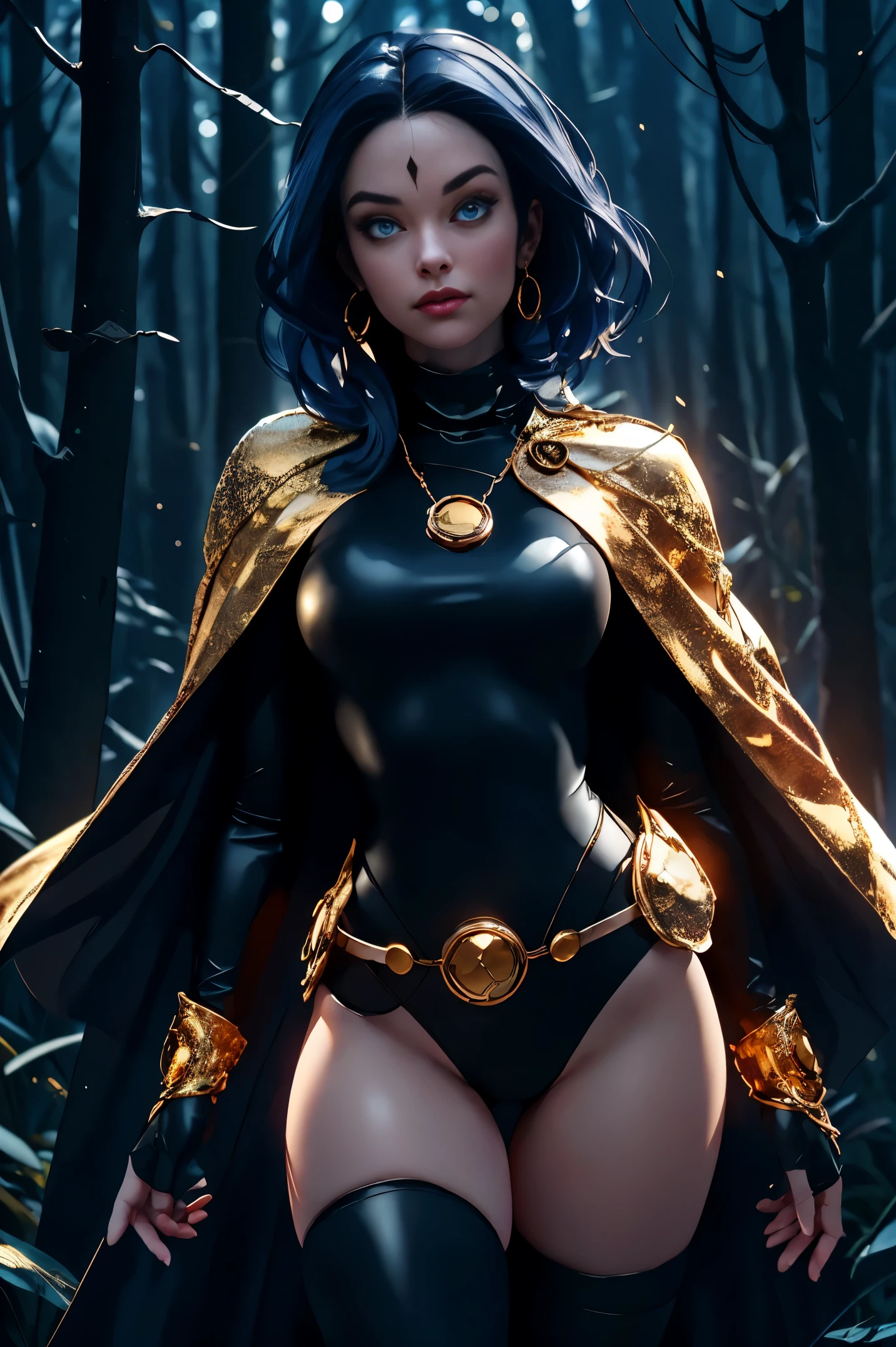 1girl, cowboy shot of rvn, hotraven, pale skin, black leotard, turtleneck, tights, cape, glowing eyes, gold belt, jewels, medallion, athletic, looking at viewer, night, dark forest, mist, fog, volumetric lighting, best quality, masterpiece, intricate details, tonemapping, sharp focus, hyper detailed, realistic