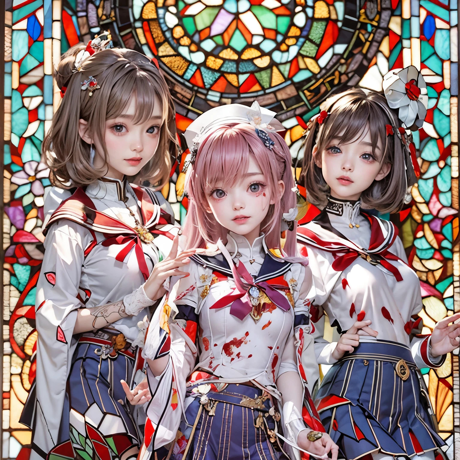NSFW:-0.8. White and Red, (A Dazzling multi-colored light pours down:1.2), (physically-based rendering with ultra-detailed, (masutepiece:1.2) of professional photograpy, (highly realistic and (photorealistic:1.37) with touch of rawness), Acutance:0.8) . ((A group photograph of KAWAII girls in school uniform)) with opened Overflowing Gigantic Cleavage without bra . (((extremely detailed KAWAII face variations)) with joyful expressions), { Systemic | Navel | pretty Ass | (Overflowing underboob) | White panties with (blood seeping only in crotch area) | (full of Flowers covering girl's body) | ((Dazzling colorful stained glass with stunning elaborate details:1.2)) | A Dazzling Halo (Floating) } . (Exposed:0.95), (((nipple:-0.9))), (not Detailed fingers:-0.9) .