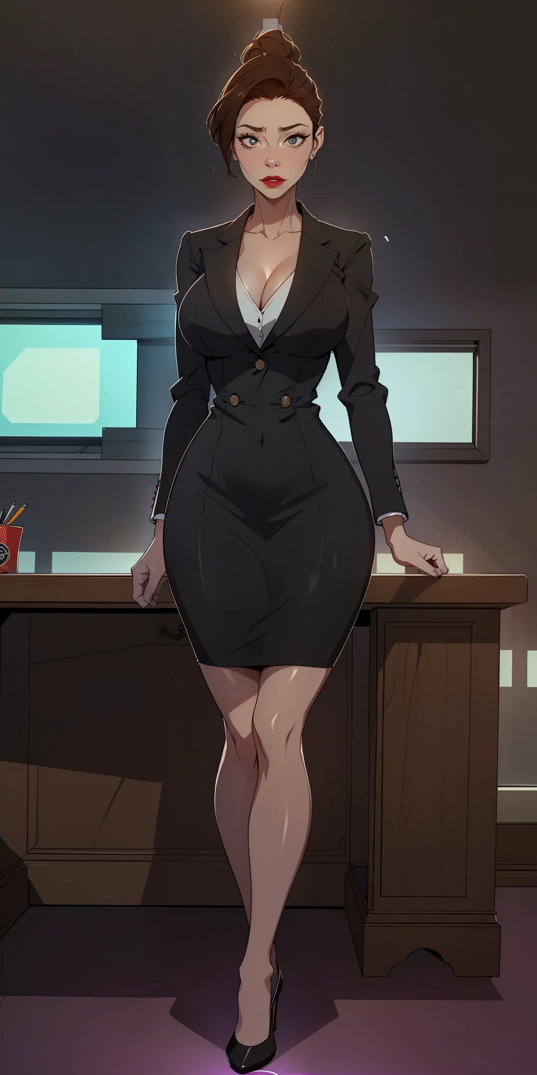 Surreal超细致 (Aunt Joan (secret class)), National Science Foundation, Very detailed, facial expression, facial expression细节: 1.4): 0.4], 16k resolution, 4k resolution, dynamic lighting, high definition resolution, (posture, attractive location), (Surreal: 1.4), (backlight: 1.2), (sunshine: 1), (Overall height: 1.8),(contrast background: 1.5), (Surreal手臂的解剖), (Surreal的腿部解剖结构), (clean skin), (light movie: 1.7), (Respondents), (TechnologyNVIDIA RTX Ray Tracing), (Surreal手臂的解剖: 2), (Perfectly flat belly), (color film),Create 4K resolution, Surreal的, and extremely detailed artwork. (Aunt Joan (secret class)) CEO in provocative style corporate office environment. (Aunt Joan (secret class))  central figure in artwork, Known for his commanding demeanor and bold appearance. She  sitting at her executive desk in a modern office，Large windows offer city views.

(Aunt Joan (secret class)) condescending. She has a provocative yet professional silhouette, Wear a well-tailored business suit，subtly emphasizing her figure，and saw the huge. Black underwear can be seen. Her makeup  bold, With eye-catching red lips and eye-catching eyes.

(Aunt Joan (secret class))  dress provocatively,  a bold fashion statement. Her suit  exquisitely tailored, A slightly low-cut blazer added strength to her outfit. Pencil skirt highlights elegance，High heels show authority. Her jewelry  exquisite, Add a touch of glamor to her overall look.