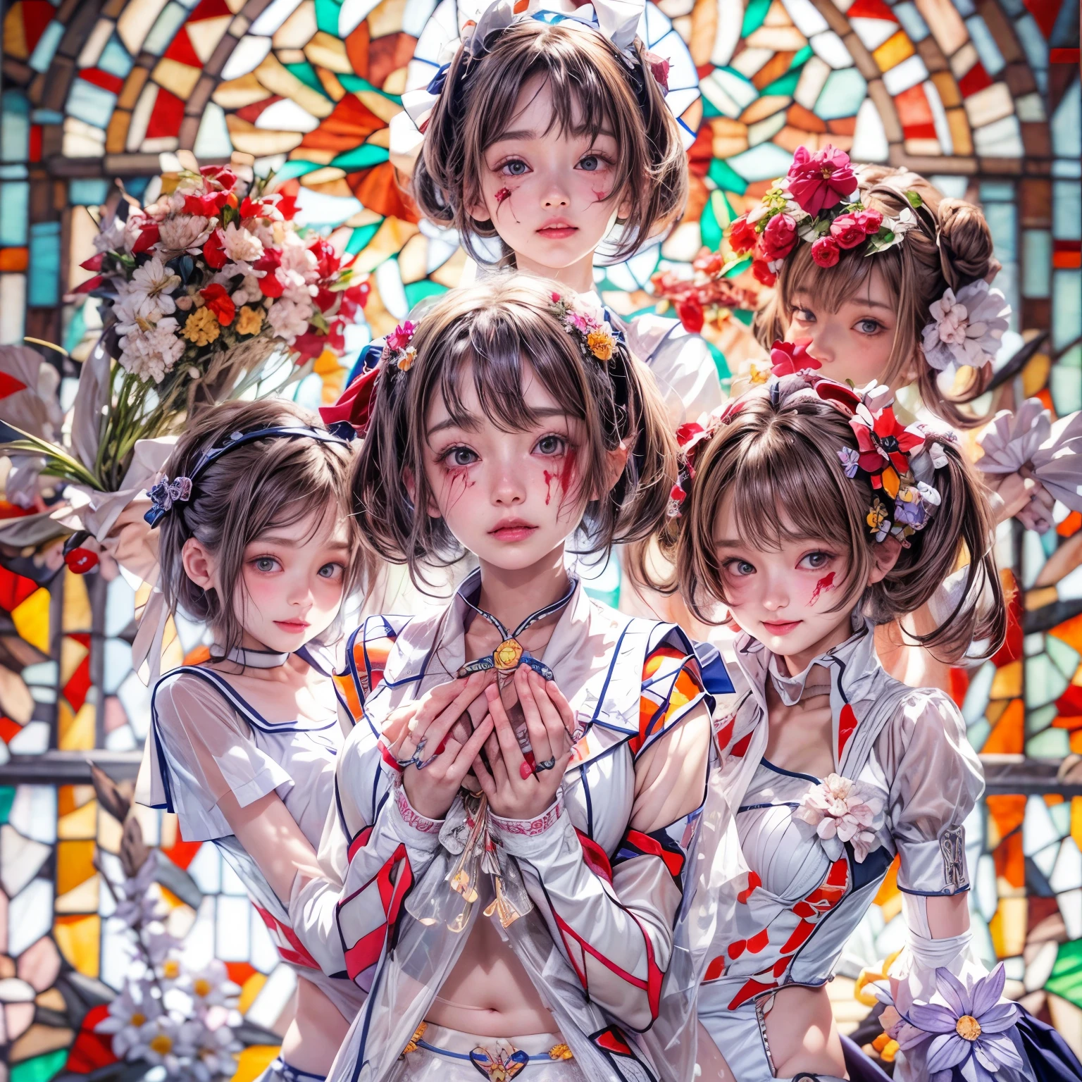 White and Red, Masterpiece, (physically-based rendering with ultra-detailed, (realistic and (photorealistic:1.37) with touch of rawness), Acutance:0.8) . A group of KAWAII girls in Cut-off sailor uniform with Underboob . (((extremely detailed KAWAII face variations)) with joyful expressions), { Navel | pretty Ass | (Overflowing underboob) | White panties with (blood seeping only in crotch area) | (full of Flowers covering girl's body) | ((Dazzling colorful stained glass with stunning elaborate details:1.2)) | A Floating Dazzling Halo } . (Exposed:1.2), ((nipple:-0.9)), (not Detailed fingers:-0.9) .