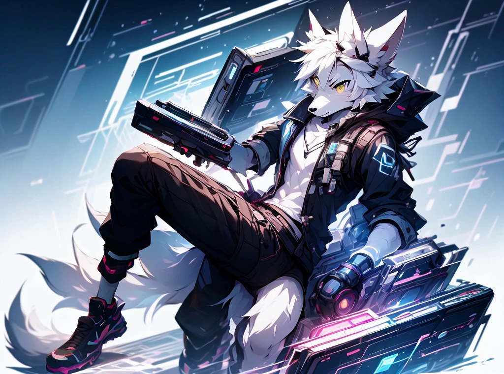 cyber punk perssonage,epcot,Tech style,solo person,White body,White ears,White hair,Overall white,Orange-yellow eyes,Wolf tail,Wolf orcs,Young,Wear a short-sleeved shirt,Ultra-clear screen,Soft lines