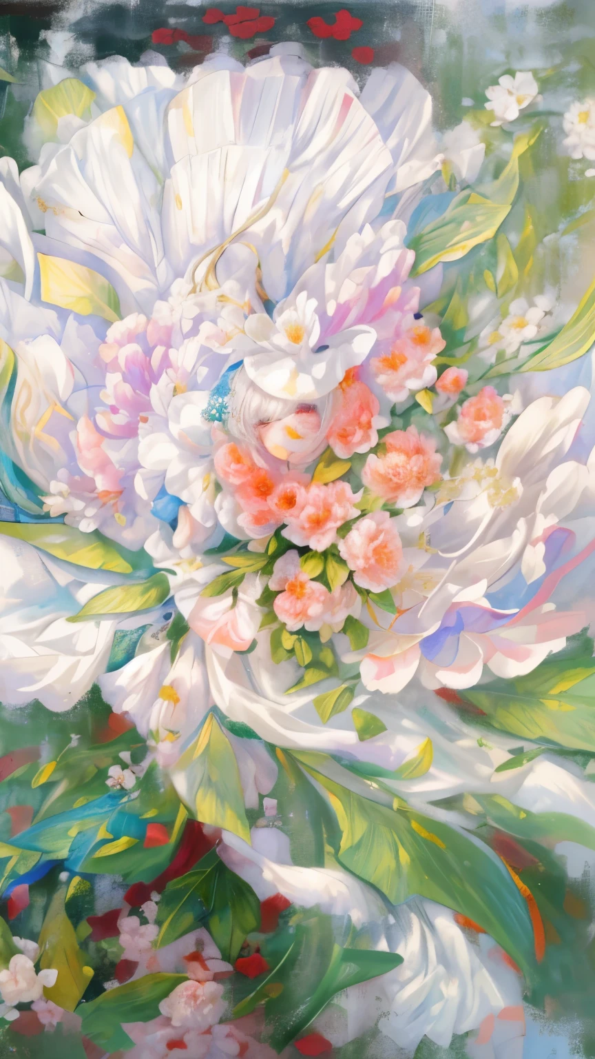 there a white flower that in the middle of a picture, highly detailed fine art, by Zhang Yin, peony, photorealistic oil on canvas, a painting of white silver, soft and intricate, intricate wlop, masterful, realistic flowers oil painting, peony flower, large opaque blossoms, white petal, exquisite detail, immense detail, by Chen Lin