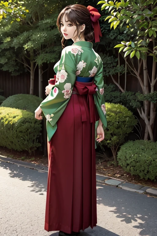 hair ornaments、golden earrings、goth_punk, 1 girl, Japanese female students in the Taisho era、solo,、highest quality, realistic, Super delicate illustration, beautiful charming anime girl, She is wearing a hakama with a cute pattern.、slender body,brown hair、tied hair, tied with a green ribbon、one girl, a photo of girl, full body shot, beautiful green eyes, turned around,Ear Nipple Ring、hair ornaments、gem、in the same way、