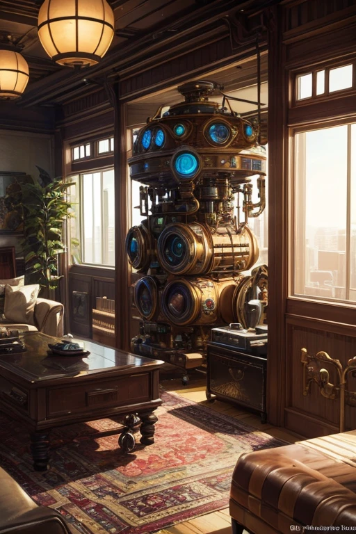 one organic steampunk mechanical scifi ufo sitting on the floor of modern over planted living room with carpet, modern interior, High quality photo, ultra high res, (photorealistic:1.4), cinema lighting, insanely detailed, hyper realistic, fine details, octane render
