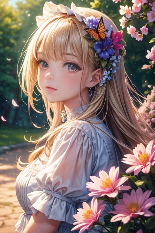 Blonde hair, hair flower, head wreath, Gradient_Eyes, long eyelasher, tsurime, wince, eyebrows behind the hair, Purple hair, Very long hair, Floating hair, Absurdly long hair, Anime, first person perspective, neo-classical, Renaissance, 8K, A high resolution, Best quality