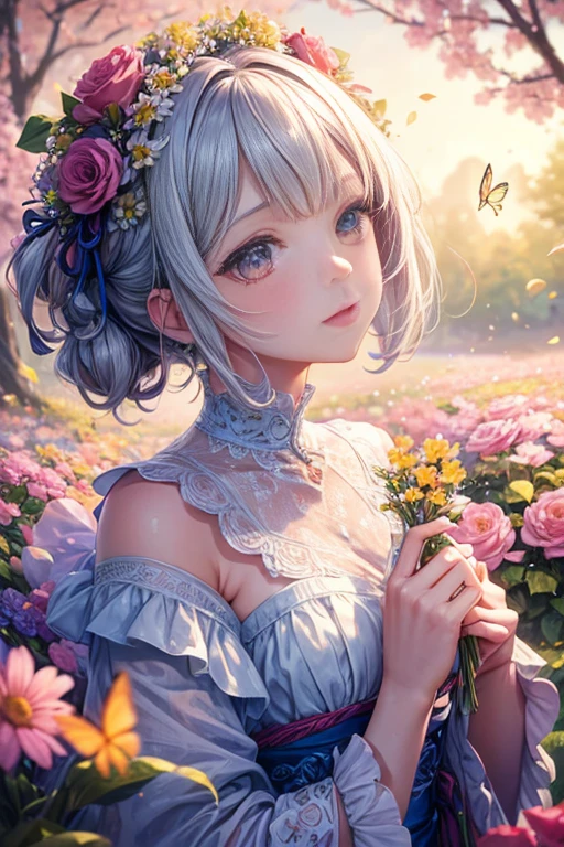 masterpice, (best quality), ((best detailed)), depth of field, a beautiful girl, beautiful face, nature, spirit, blossom, colorful landscape, flowers, butterflys, glowing dress, elements