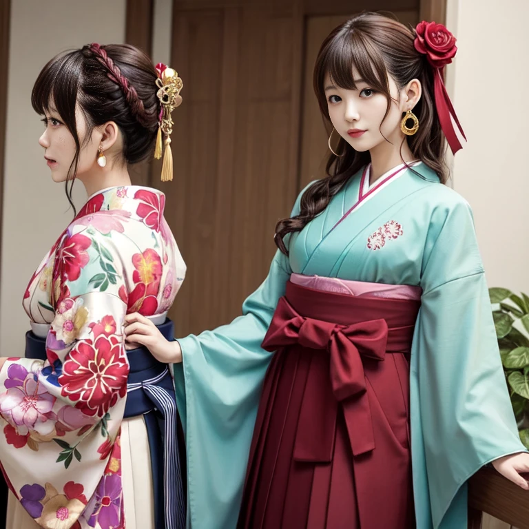 hair ornaments、golden earrings、goth_punk, 1 girl, Japanese female students in the Taisho era、solo,、highest quality, realistic, Super delicate illustration, beautiful charming anime girl, She is wearing a hakama with a cute pattern.、slender body,brown hair、tied hair, tied with a green ribbon、one girl, a photo of girl, full body shot, beautiful green eyes, turned around,Ear Nipple Ring、hair ornaments、gem、in the same way、