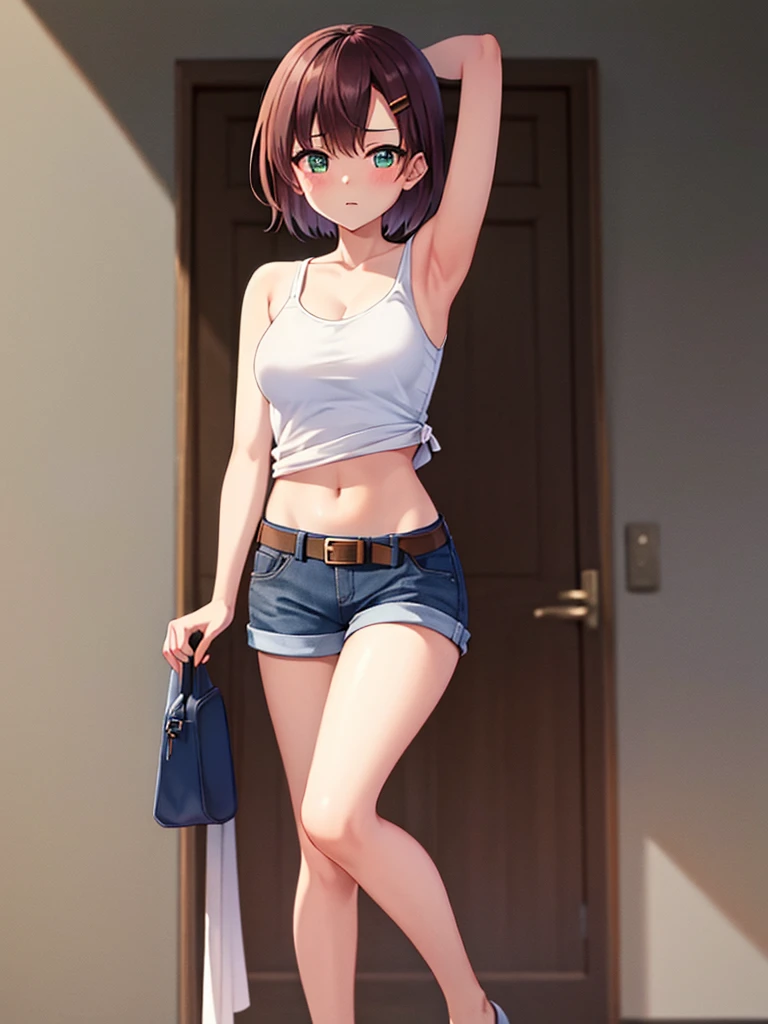 1girl, sana kuranaka, green eyes, brown_hair, short_hair, hair clip, medium_breasts, wearing a white tank top, some blue jean shorts, with a red belt, She is wearing thigh high stockings, full body, she is standing in the room, ranking: explicit
