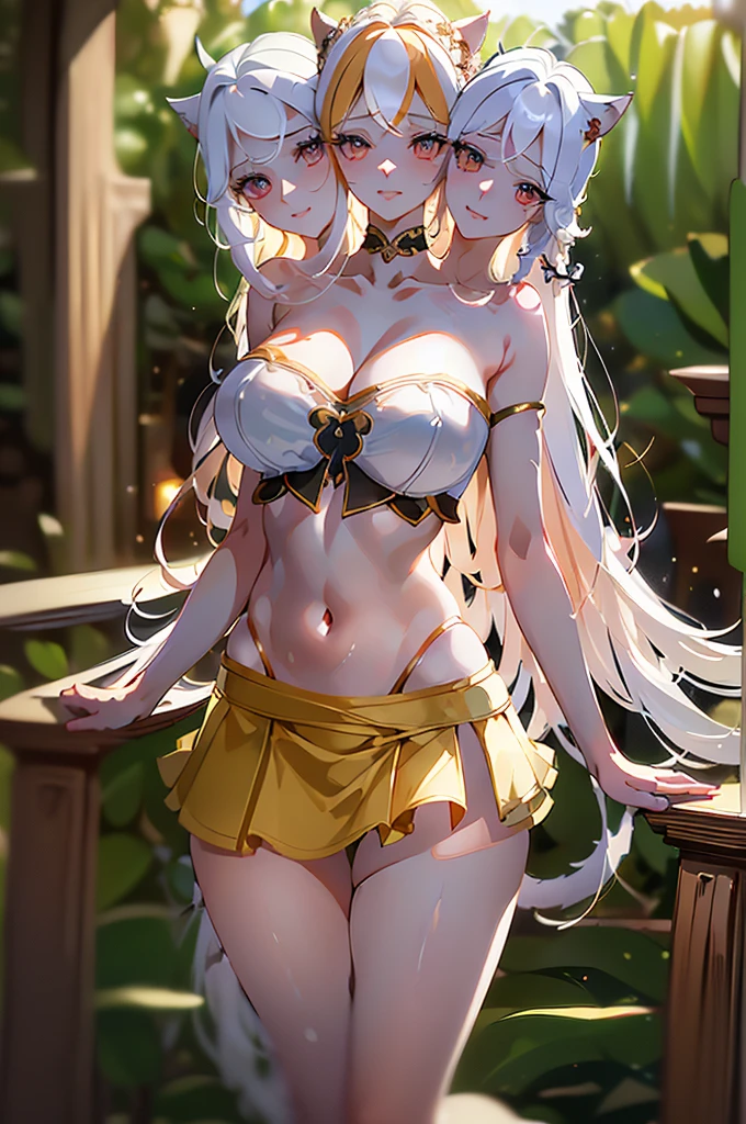 (masterpiece, best quality), best quality, (ultra-detailed), (3heads:1.4), 1girl, (goutokuji mike1.3), masterpiece, best quality, white top, crop top, ((stomach)), midriff, ((groin)), white skirt, normal ears, shackles, white hair, very long hair, wavy hair, sidelocks, orange eyes, detailed eyes, parted lips, single horn, sweat, cute, toned belly, hand on own chest, eyelashes, (22 year old woman:1.3), (masterpiece:1.4), (best quality:1.4), (beautiful detailed extremely detailed CG, extremely delicate and beautiful, depth of field, (finely detailed face), (perfect details:1.2), (mature female:1.4), wide pelvis, slender, large veiny breast, 8k resolution, high quality, high definition, extremely detailed, masterpiece, best quality, white hair, long hair, alluring presence, braid, short skirt, close up, big tits, young, multicolored hair, streaked hair, cat girl, cat tail, 