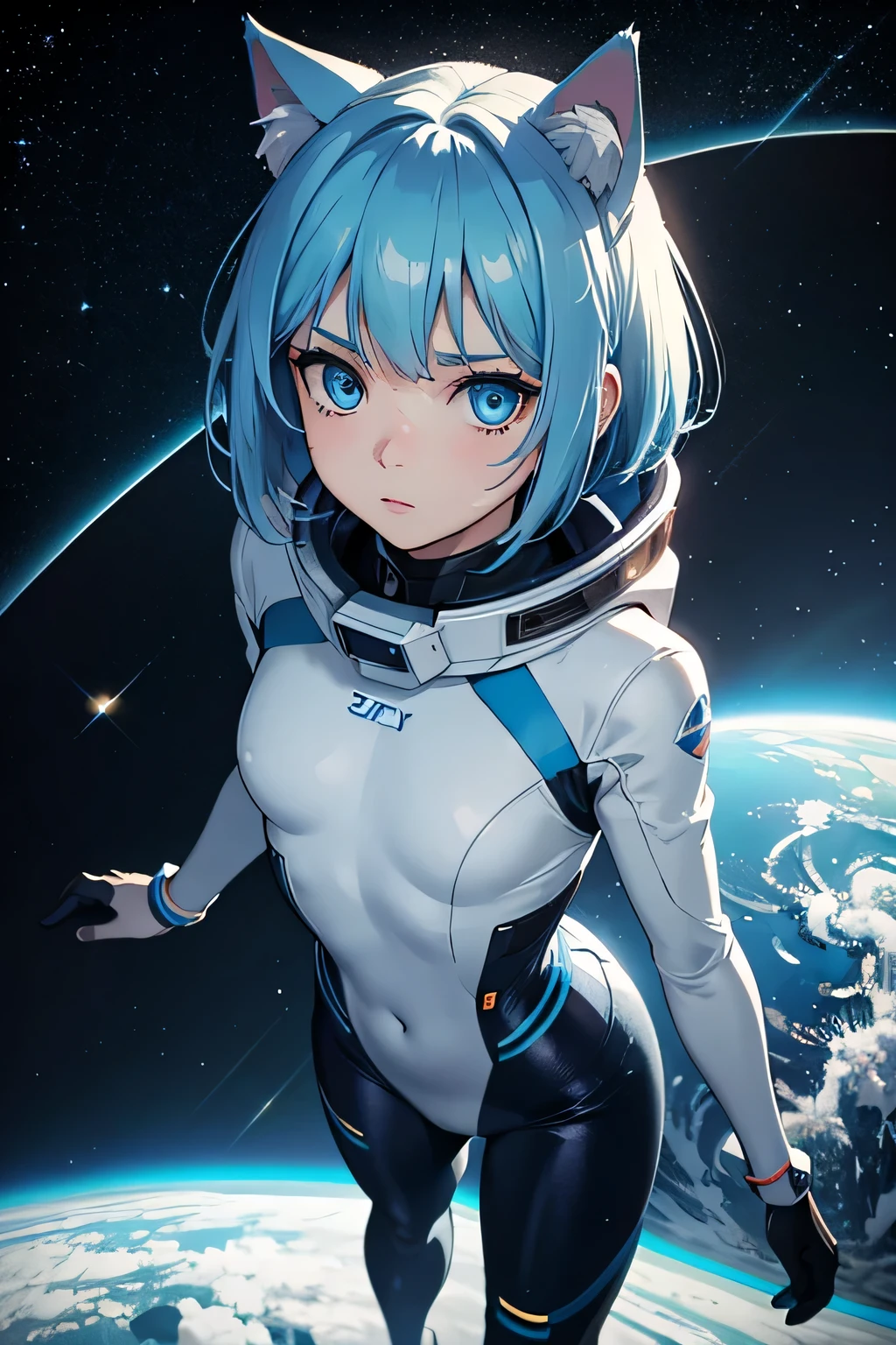 (8k, HDR, RAW photo, best quality, masterpiece:1.2, realistic lighting), overhead view, dynamic angle, girl floating on space, solo, (thin face), realistic beautiful face, very detailed face, poker face, (bob cuts hair), ((sky blue hair)), path traced hair, (sky blue cat ears), ((sky blue eyes)), beauty eyes, perfect symmetrical eyes, clear sparkling blue eyes, (flat chest), (small breast), wearing a full body spacesuit, (spacesuit helmet), (sspace:1.3), detailed and complex busy background, surreal space, fantasy space, outer space