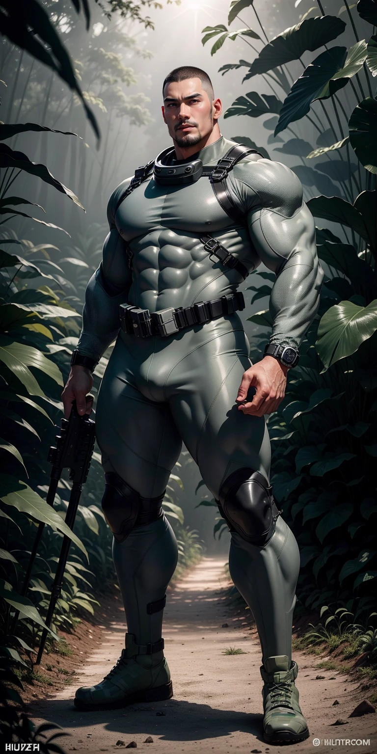 Tall giant muscular man with his mouth open and screaming.，Light gray camouflage uniform，strong tough guy，Buzz Cut，Wearing a light gray camouflage diving suit，matte texture，regular symmetrical texture pattern，Standing in the dark sugar cane jungle, The body  wrapped in thick rattan，Sad expression，Deep and charming eyes，The hero with emerald pupils，heroic male pose，高urly，muscular！Charming leg muscles，High, burly, Heqiang， Wearing a light gray camouflage diving suit， Super gain and cool， high resolution committee， Big feet in black boots，Charming strong man，The bright sunshine shines on you