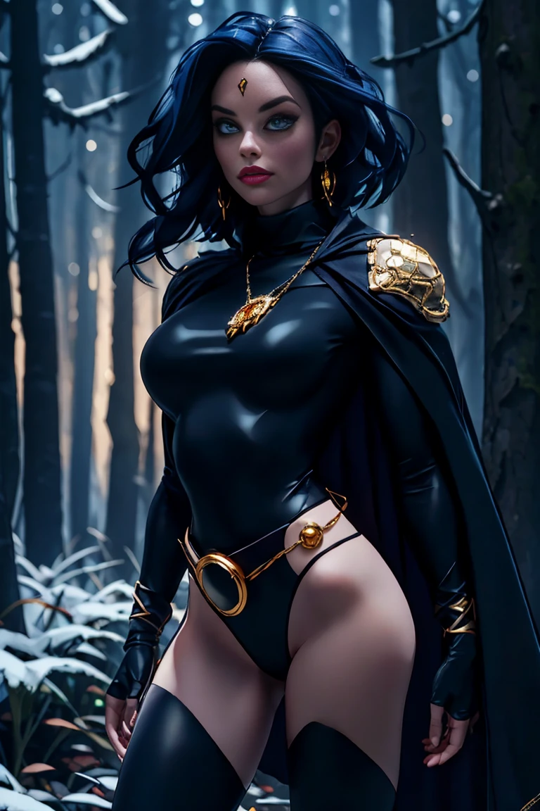 1girl, cowboy shot of rvn, hotraven, pale skin, black leotard, turtleneck, tights, cape, glowing eyes, gold belt, jewels, medallion, athletic, looking at viewer, night, dark forest, mist, fog, volumetric lighting, best quality, masterpiece, intricate details, tonemapping, sharp focus, hyper detailed, realistic